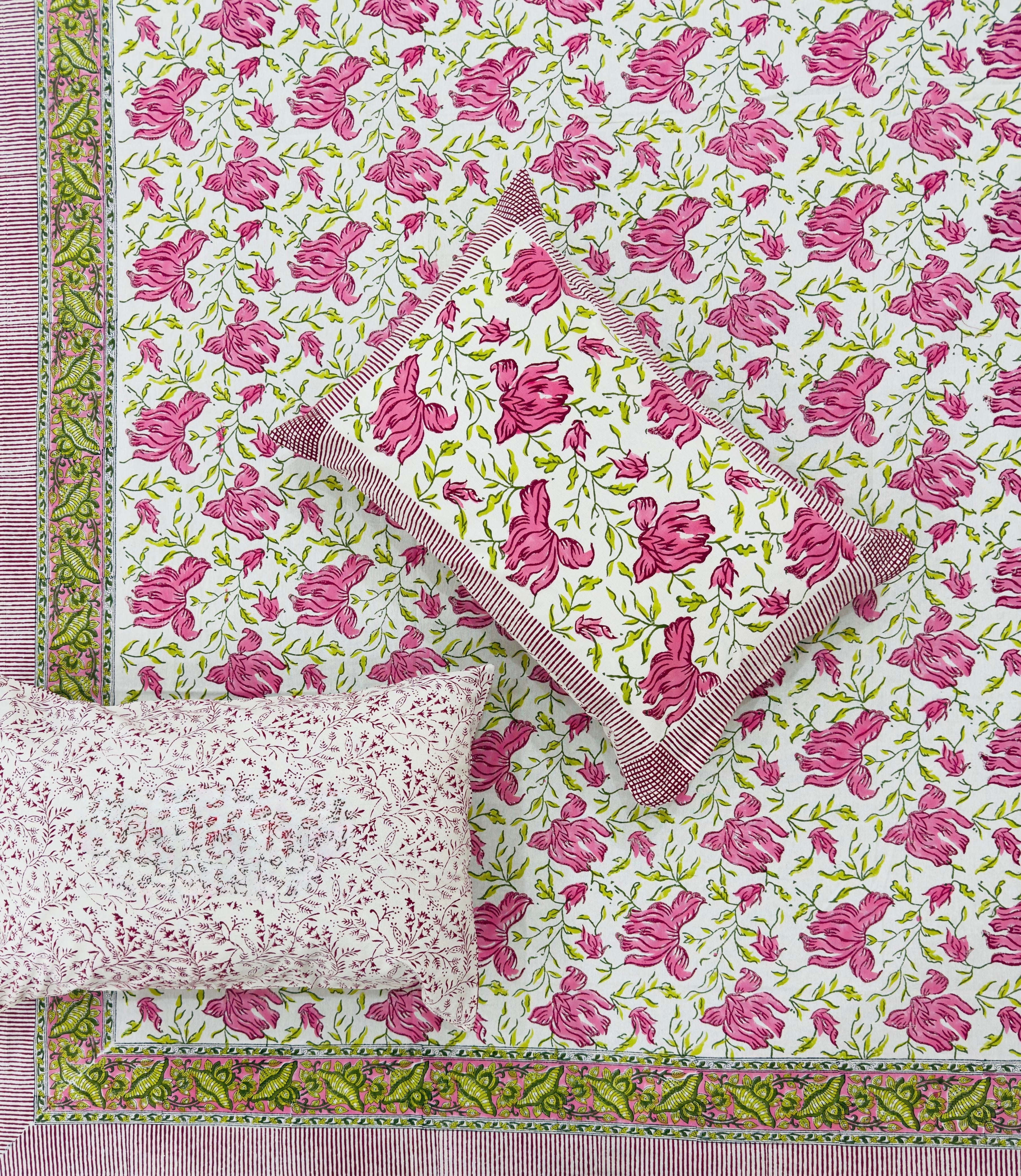 Pure cotton handblock printed king size bedsheet with 2 pillow covers (100x108 inches)