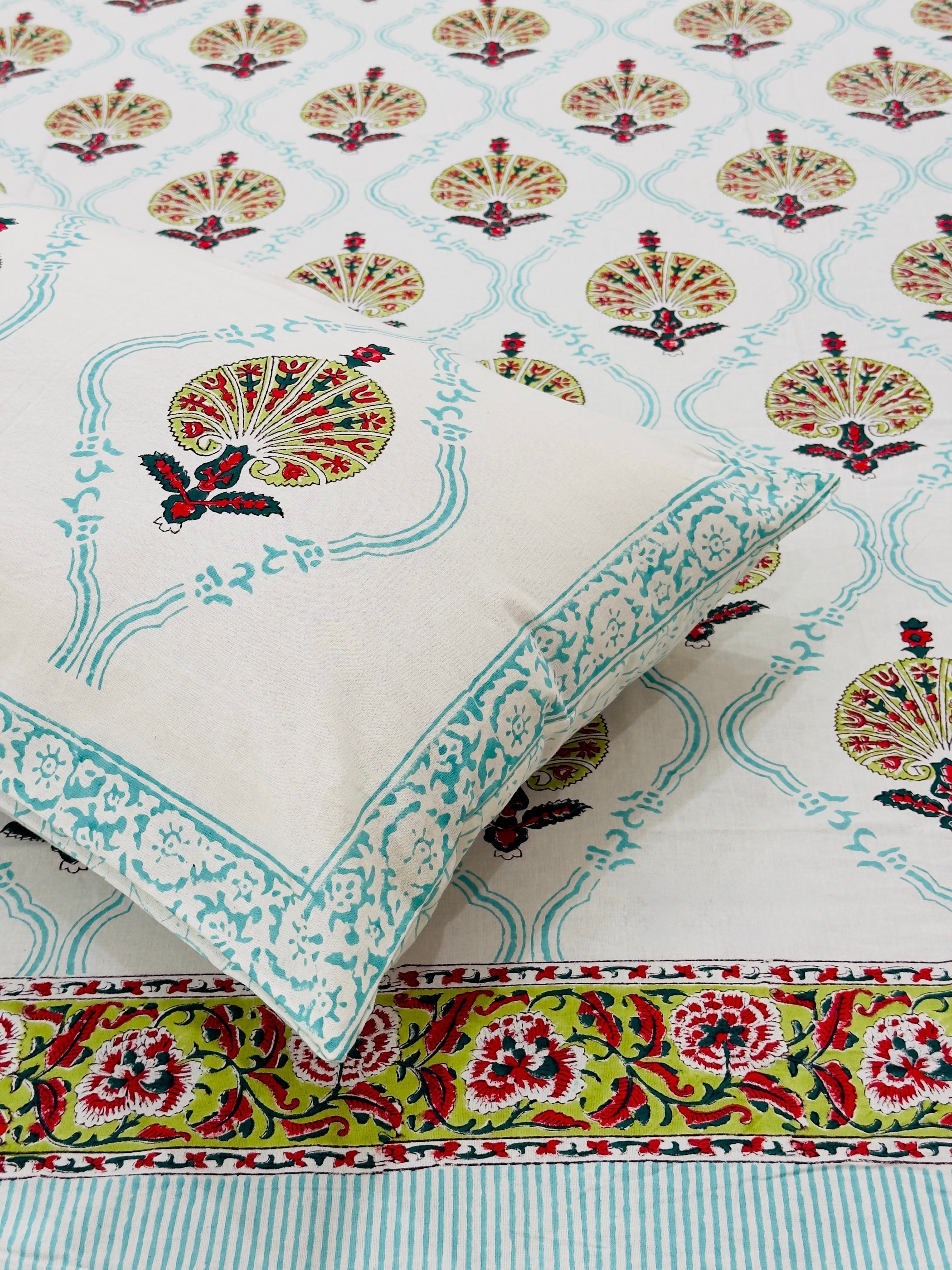 Pure cotton handblock printed king size bedsheet with 2 pillow covers (100x108 inches)