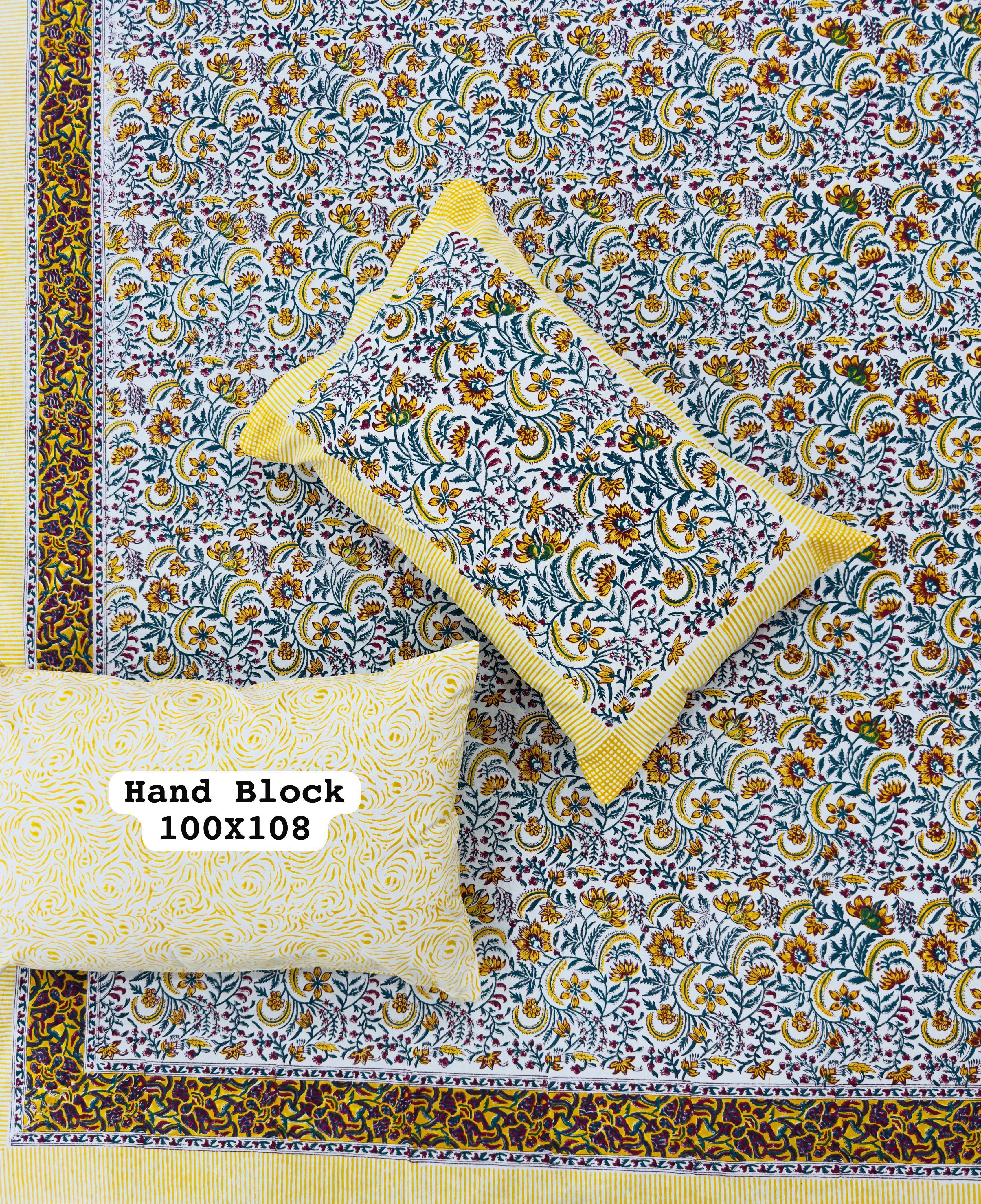 Pure cotton handblock printed king size bedsheet with 2 pillow covers (100x108 inches)