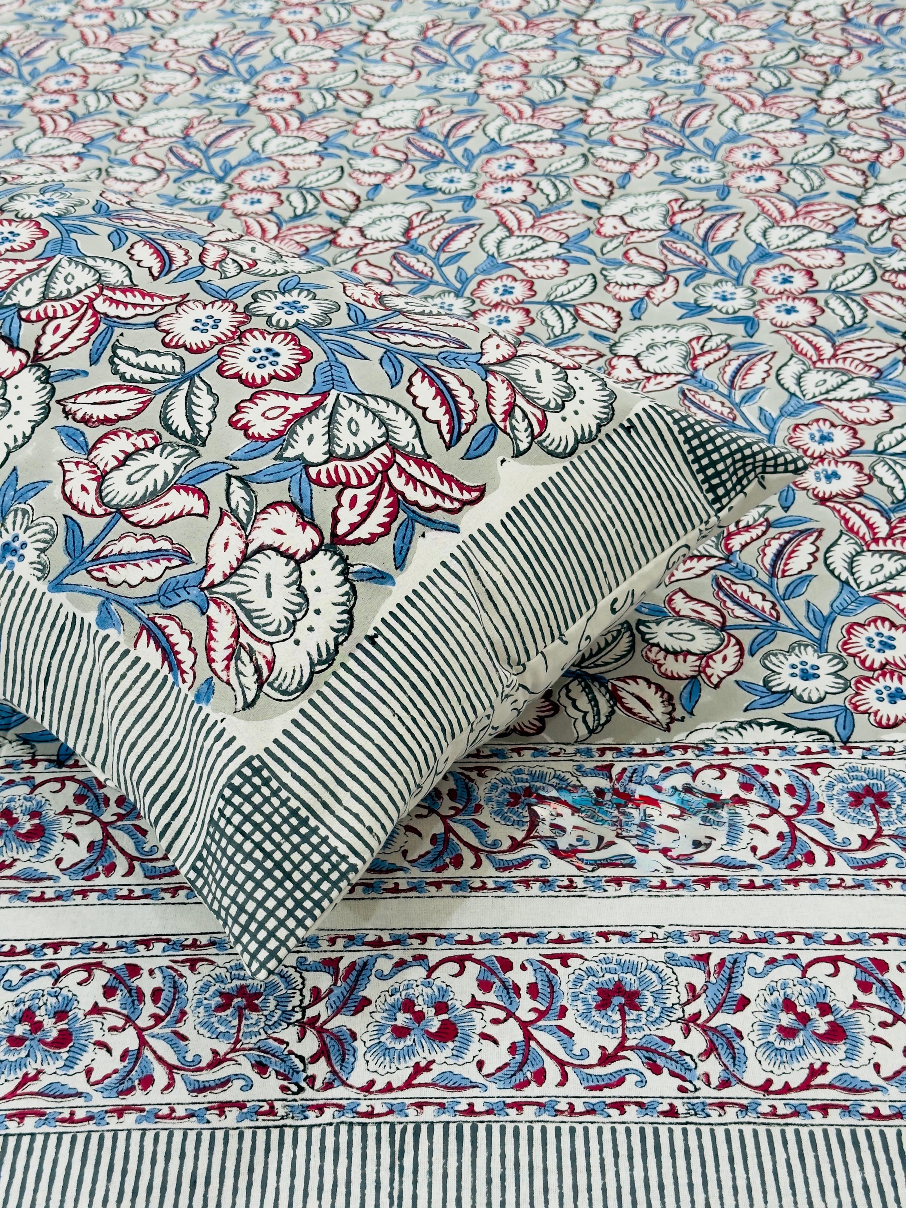 Pure cotton handblock printed king size bedsheet with 2 pillow covers (100x108 inches)