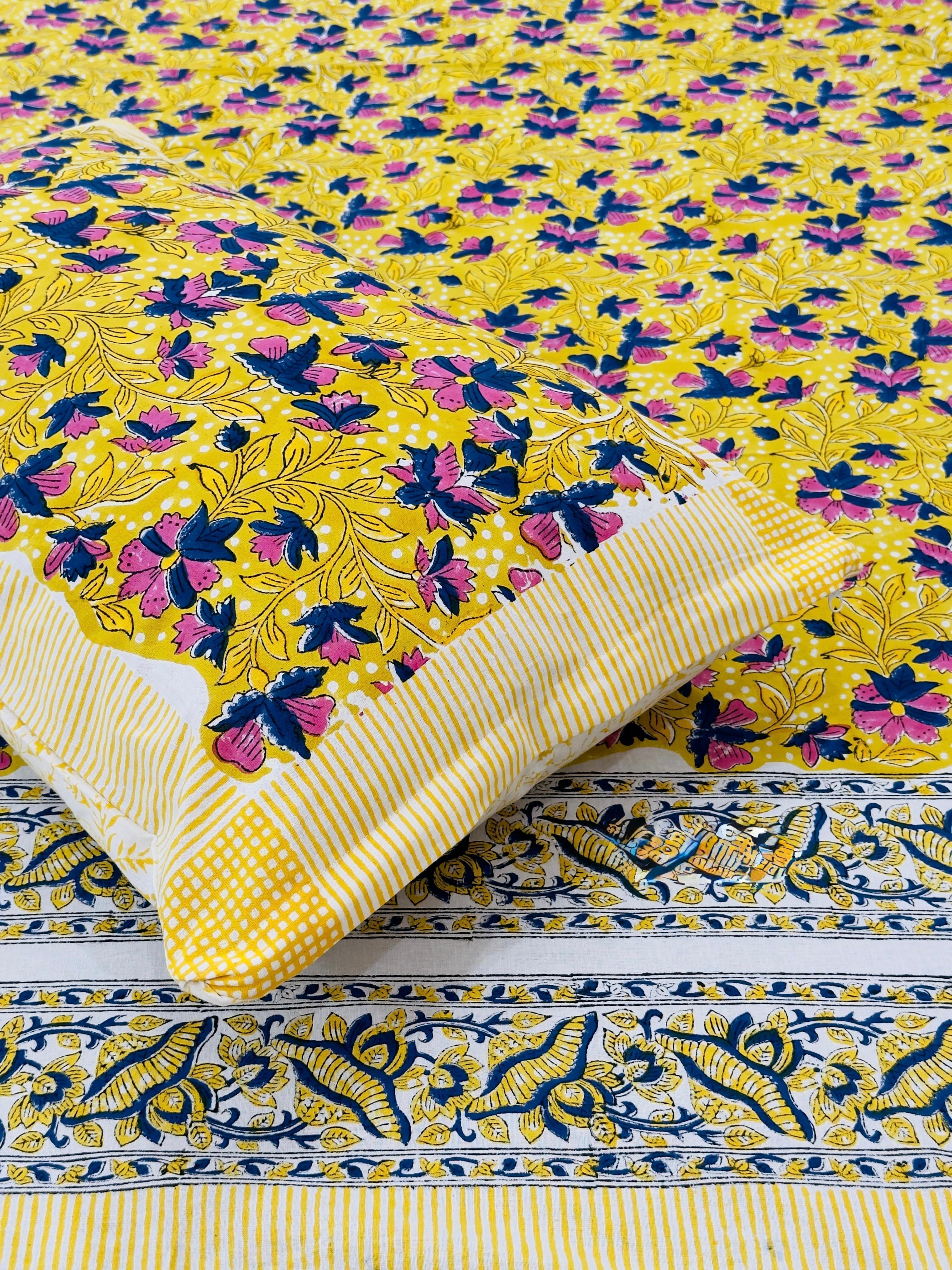Pure cotton handblock printed king size bedsheet with 2 pillow covers (100x108 inches)