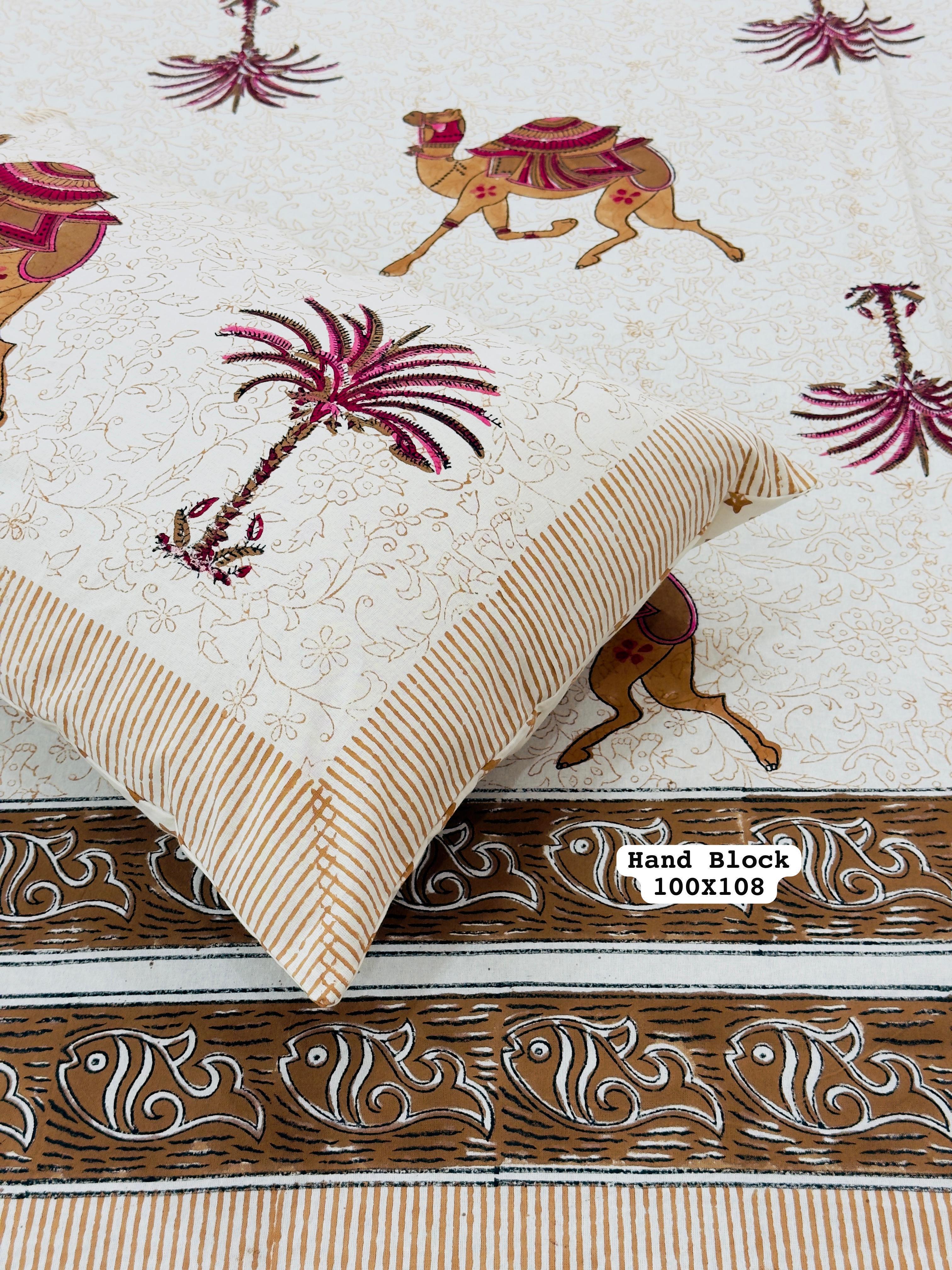 Pure cotton handblock printed king size bedsheet with 2 pillow covers (100x108 inches)