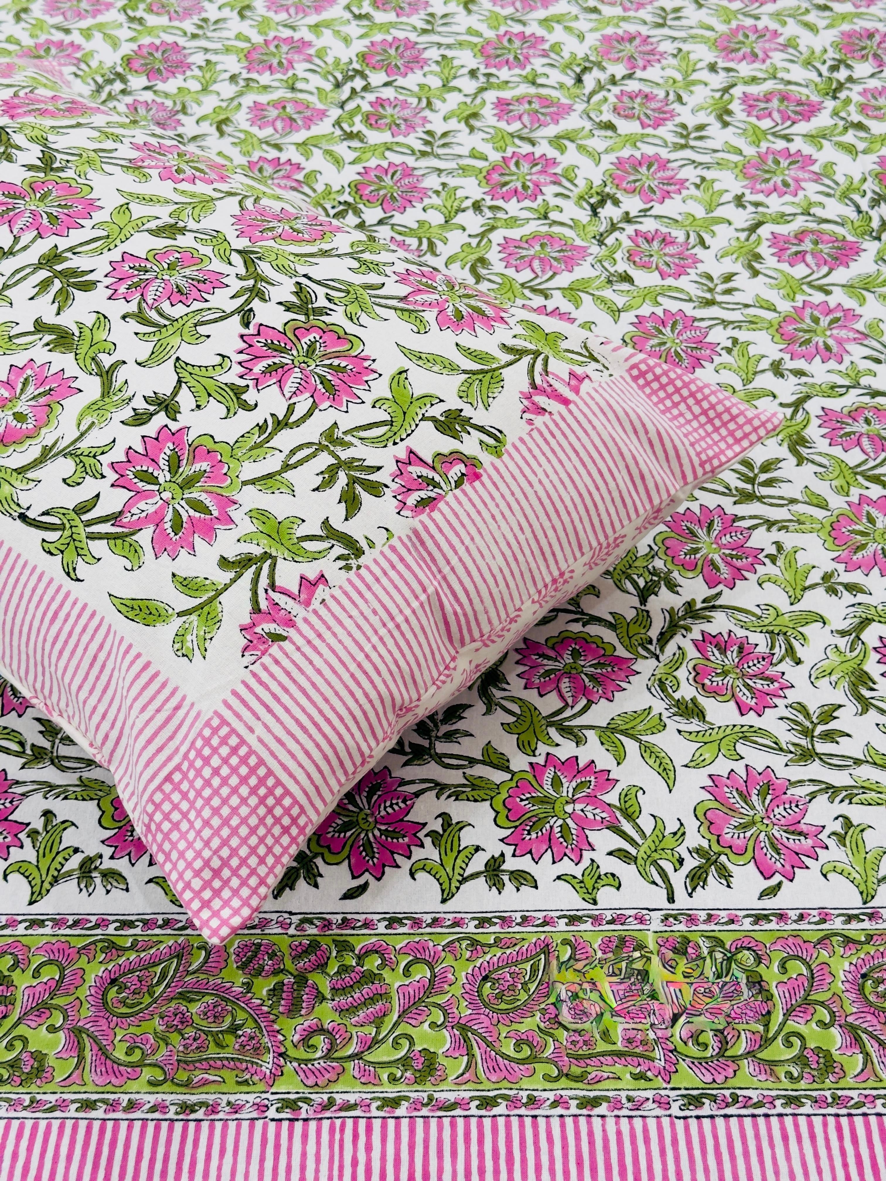 Pure cotton handblock printed king size bedsheet with 2 pillow covers (100x108 inches)