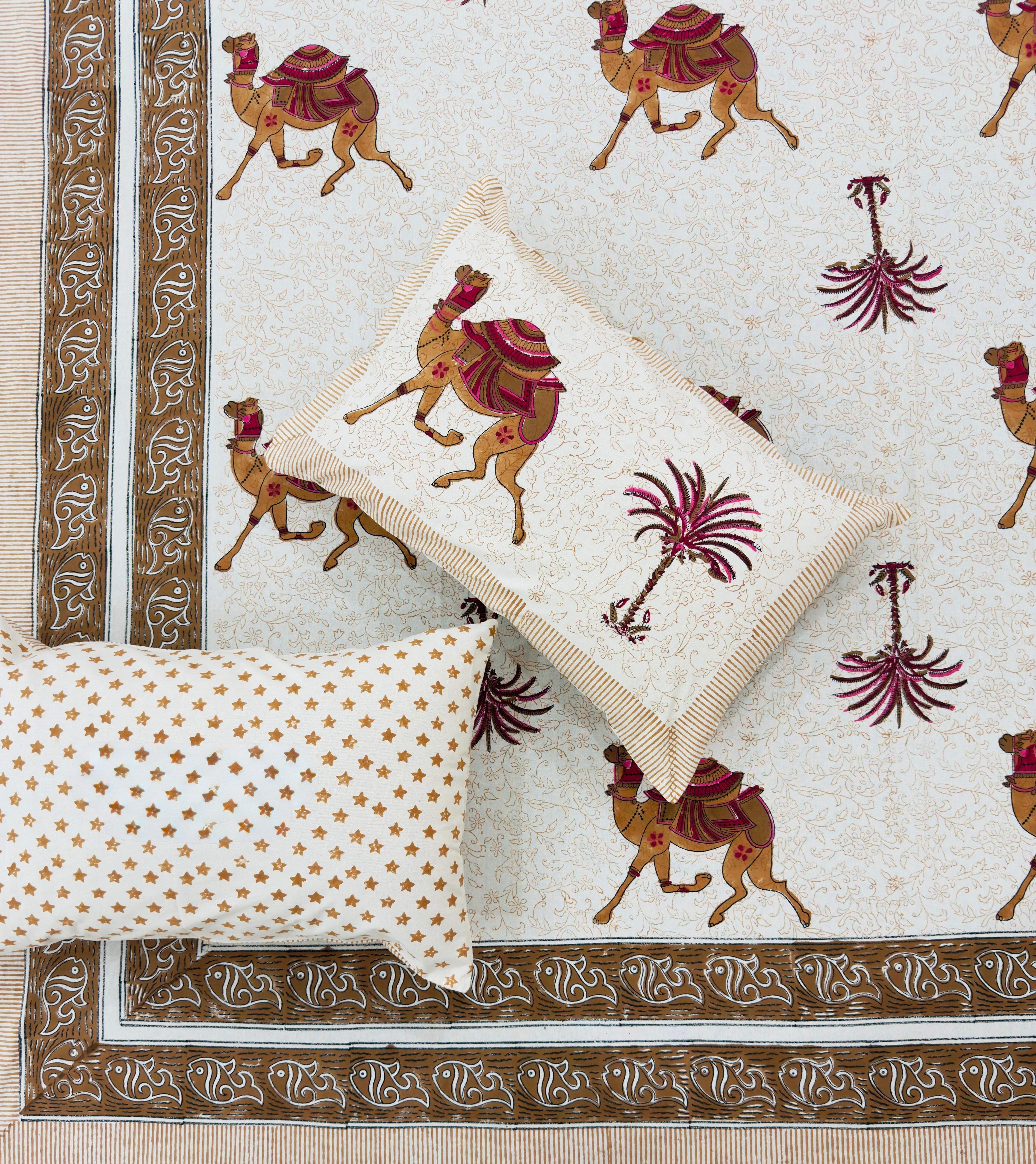 Pure cotton handblock printed king size bedsheet with 2 pillow covers (100x108 inches)