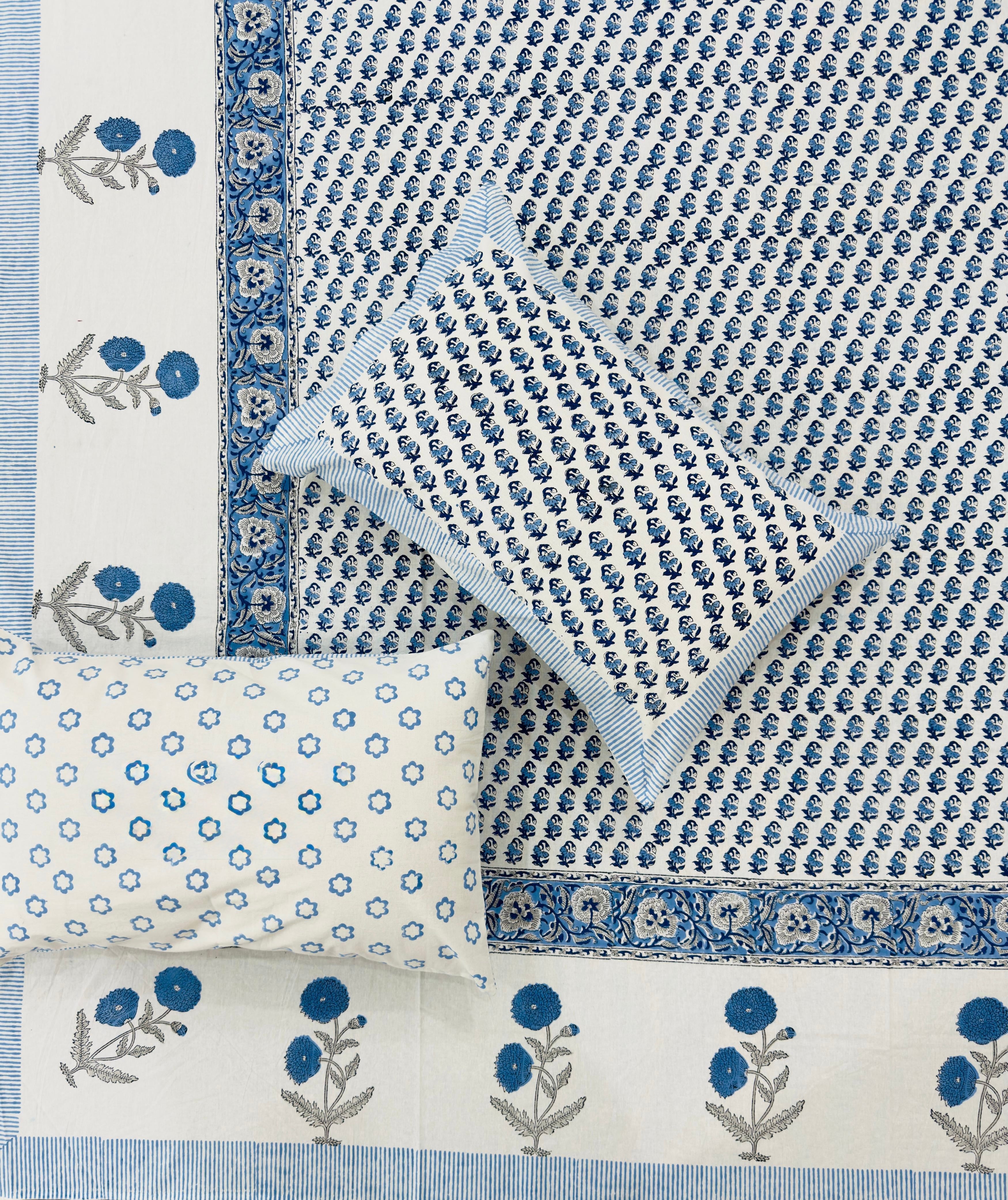 Pure cotton handblock printed king size bedsheet with 2 pillow covers (100x108 inches)