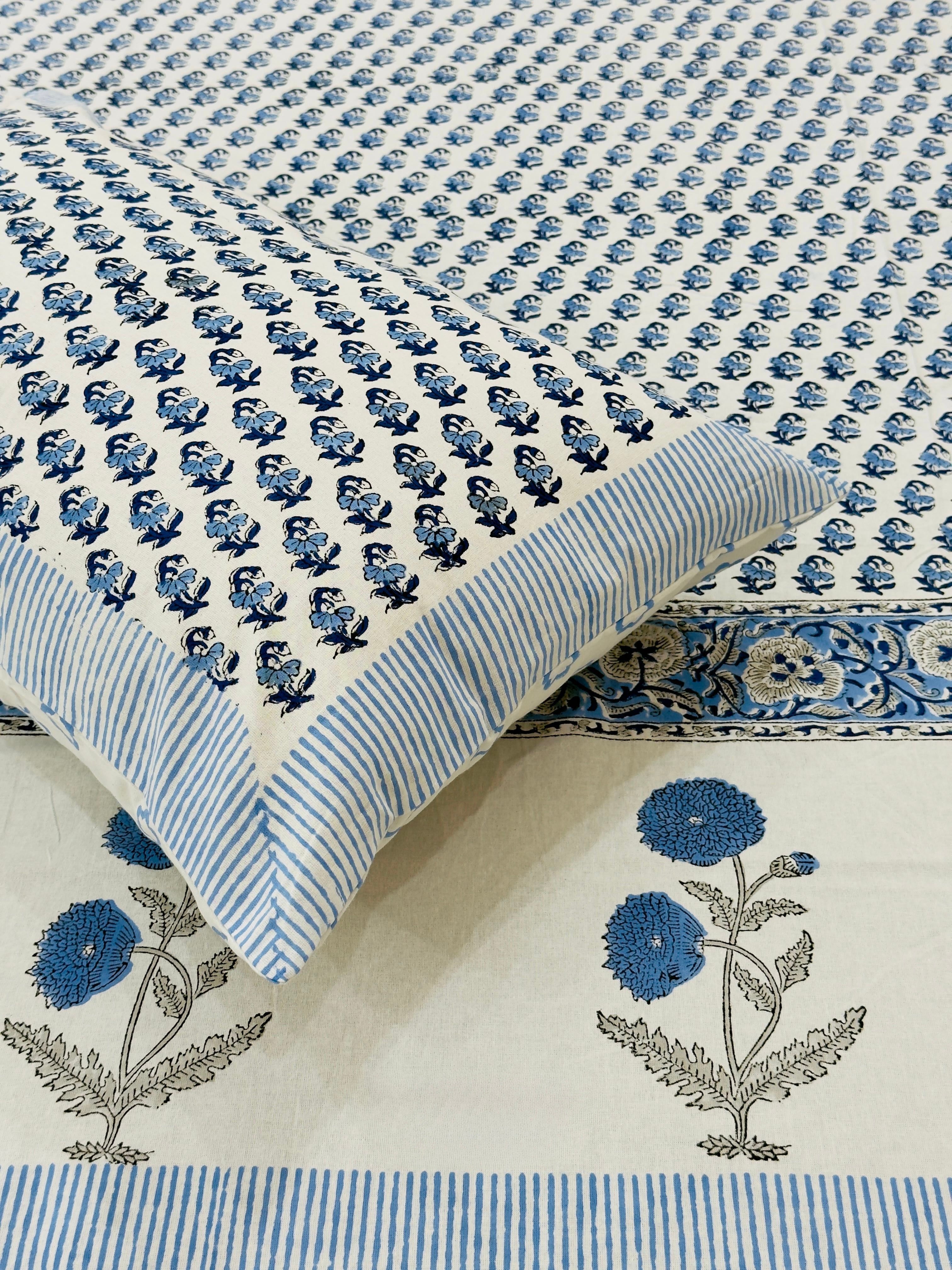 Pure cotton handblock printed king size bedsheet with 2 pillow covers (100x108 inches)