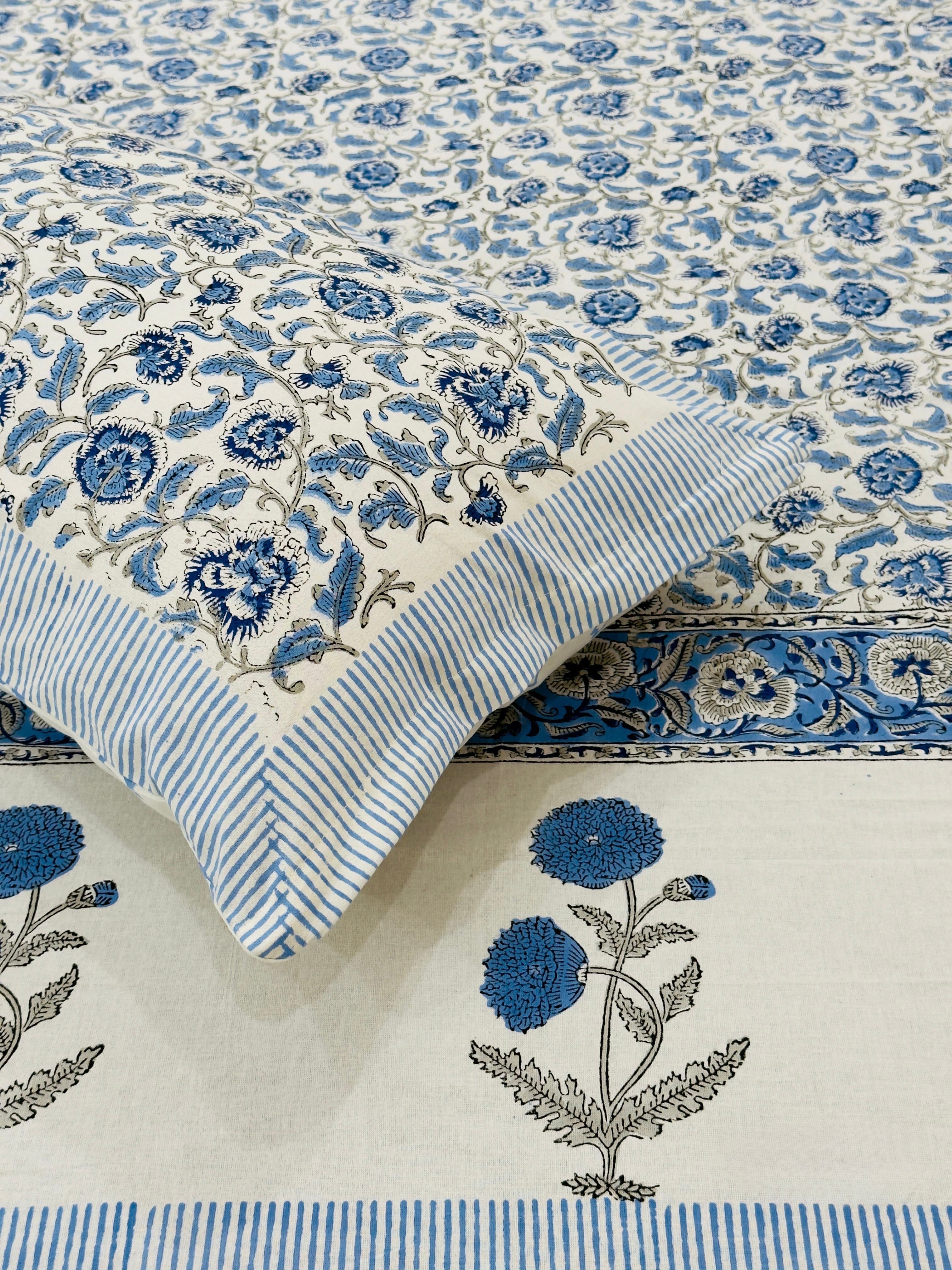 Pure cotton handblock printed king size bedsheet with 2 pillow covers (100x108 inches)