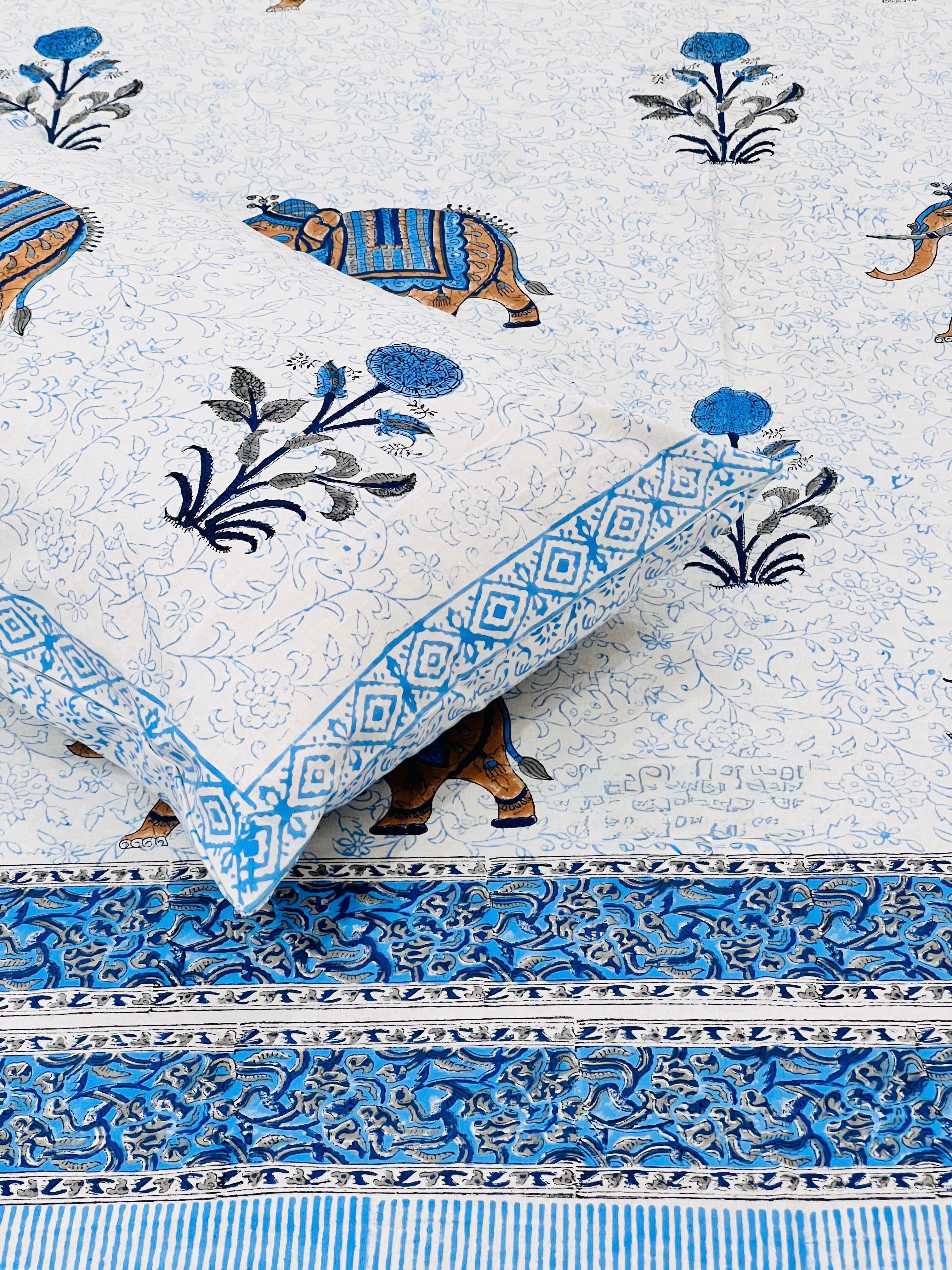 Pure cotton handblock printed king size bedsheet with 2 pillow covers (100x108 inches)