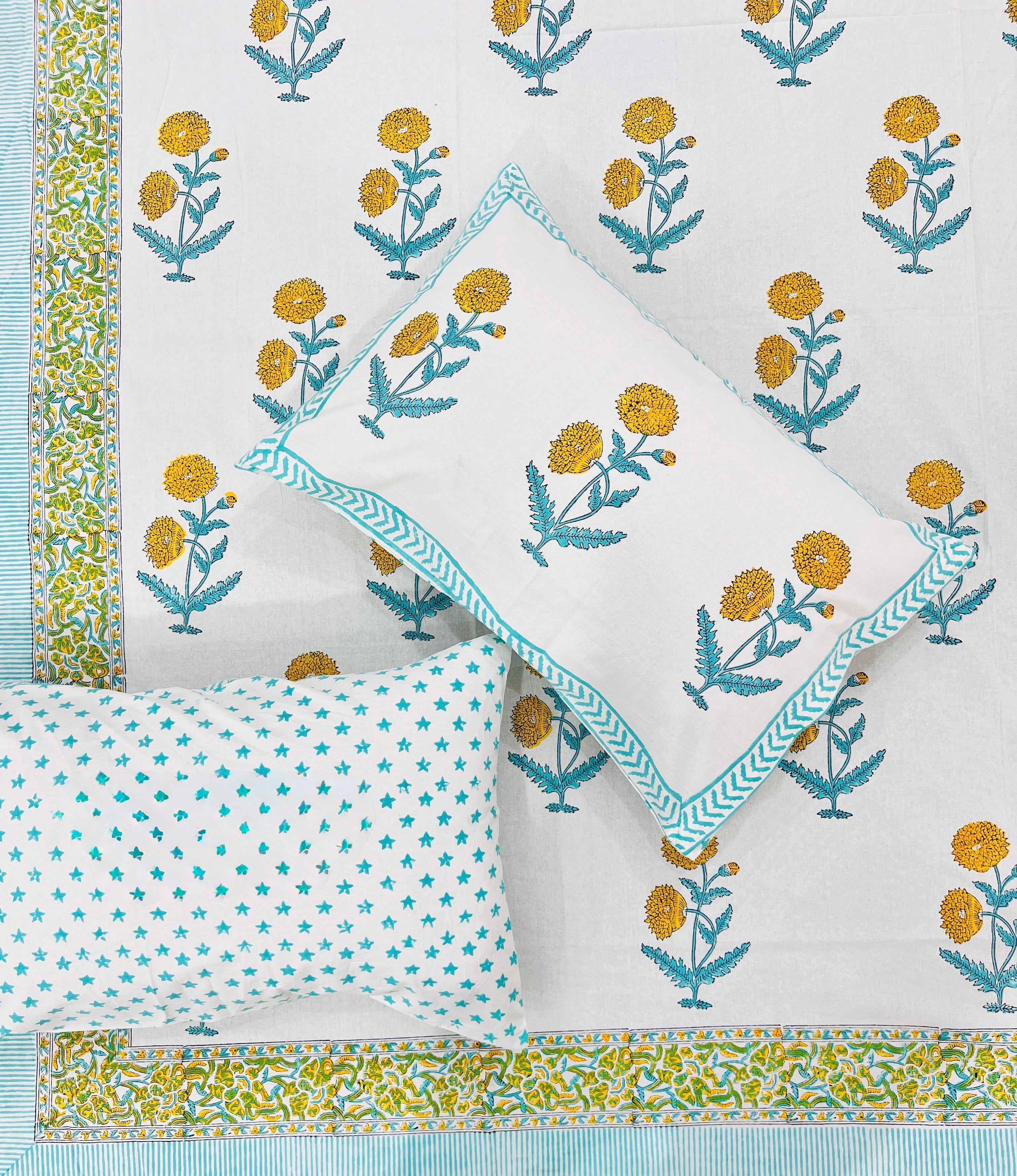 Pure cotton handblock printed king size bedsheet with 2 pillow covers (100x108 inches)