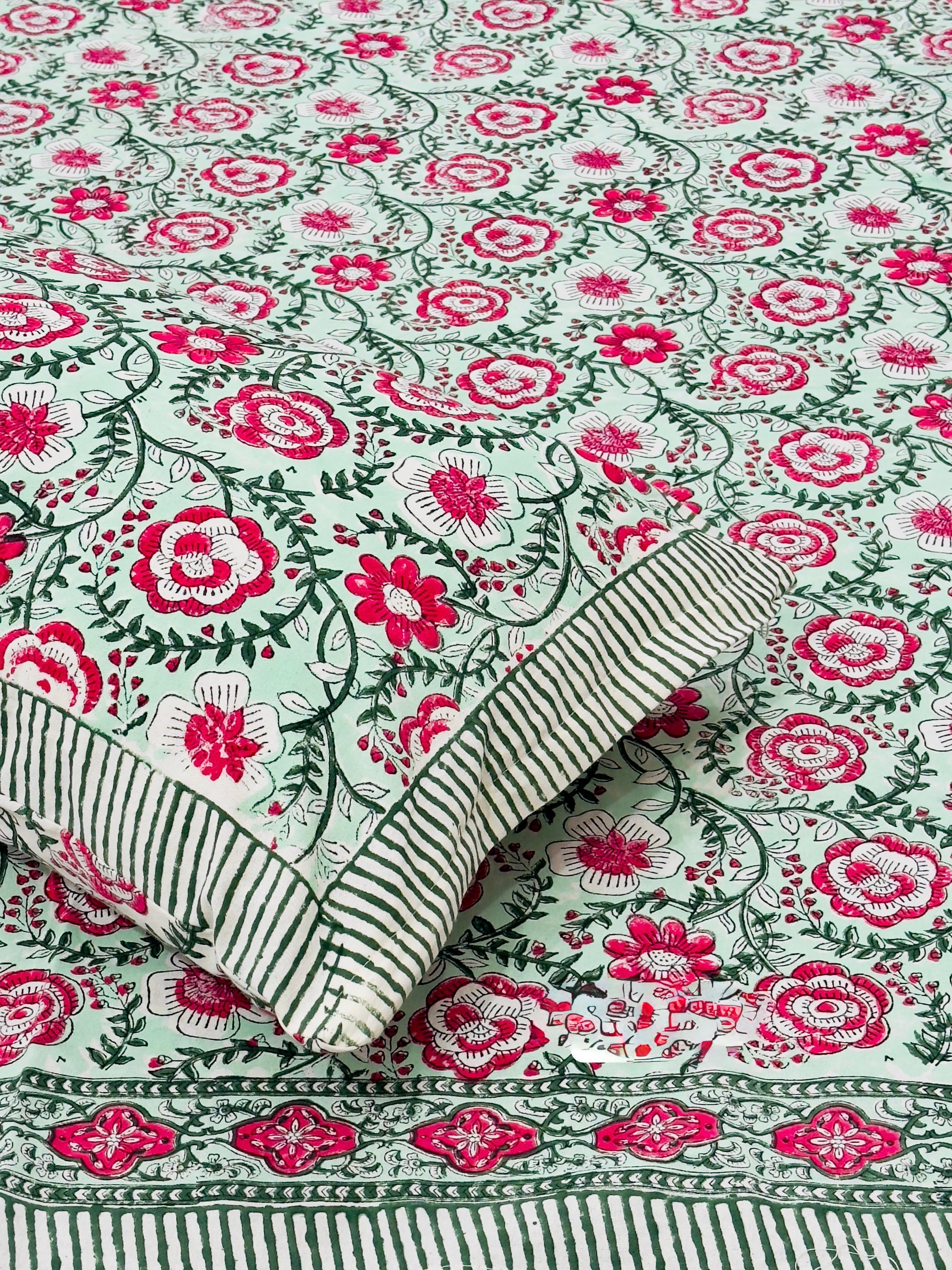 Pure cotton handblock printed king size bedsheet with 2 pillow covers (100x108 inches)