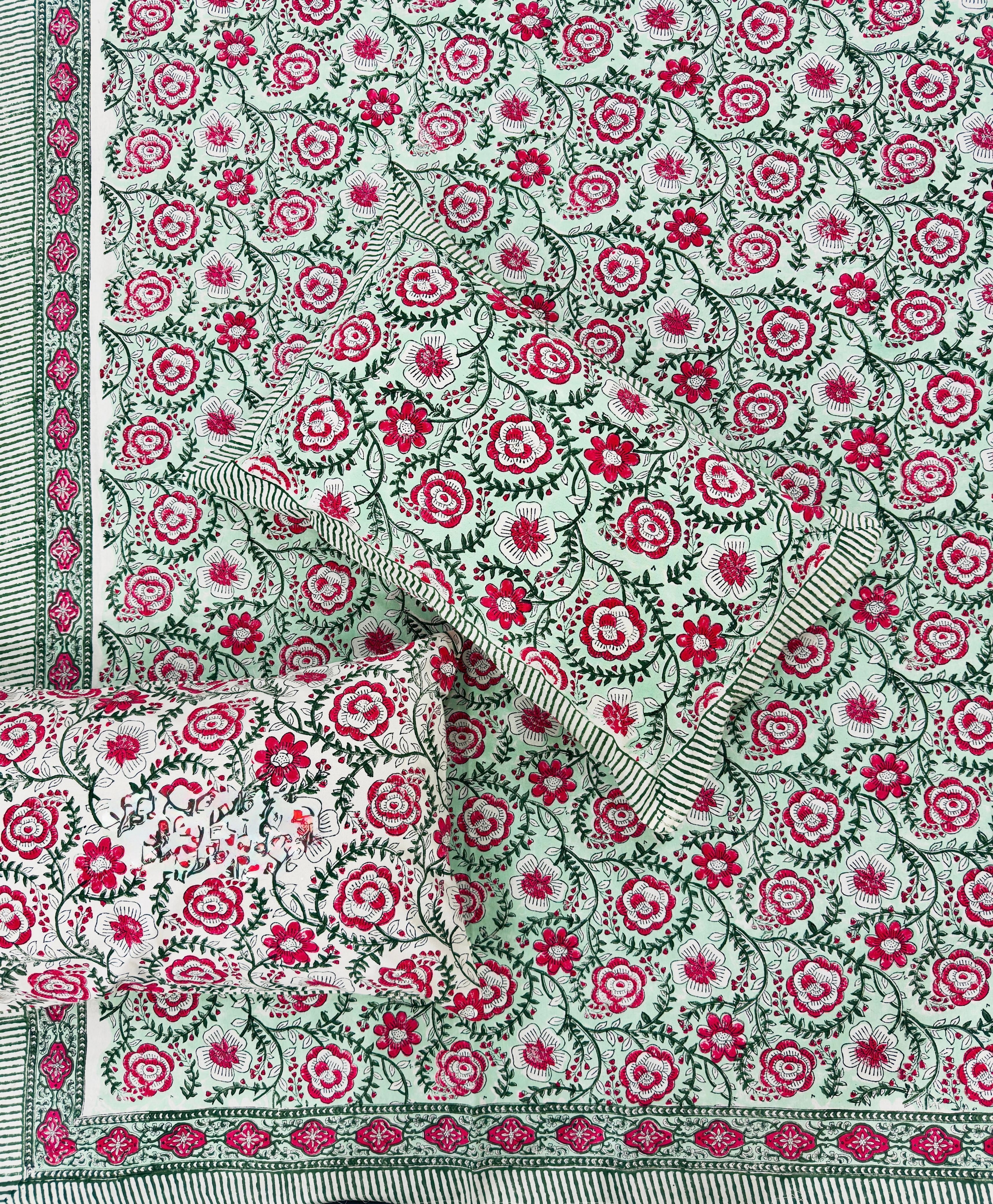 Pure cotton handblock printed king size bedsheet with 2 pillow covers (100x108 inches)