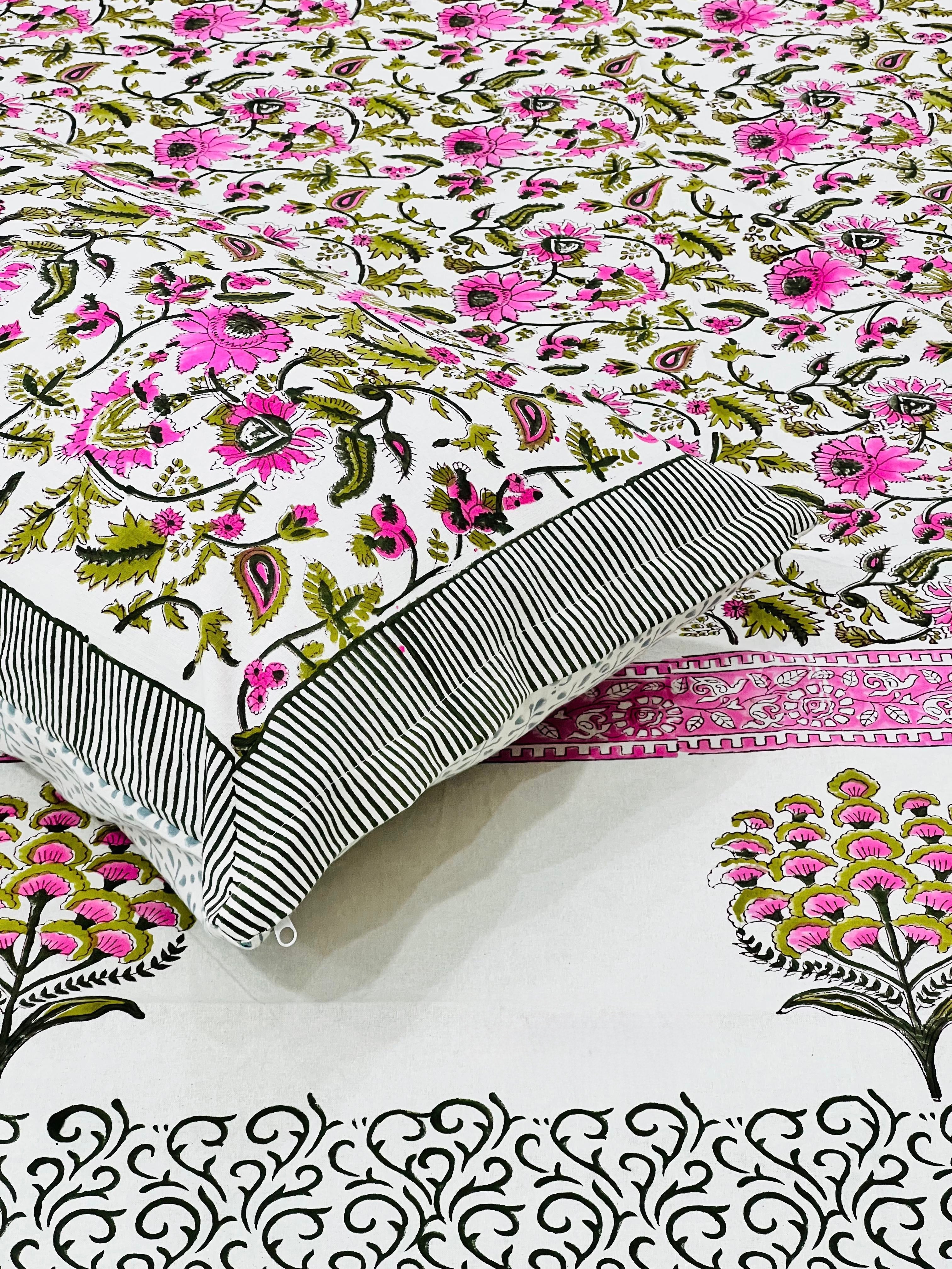 Pure cotton handblock printed king size bedsheet with 2 pillow covers (100x108 inches)