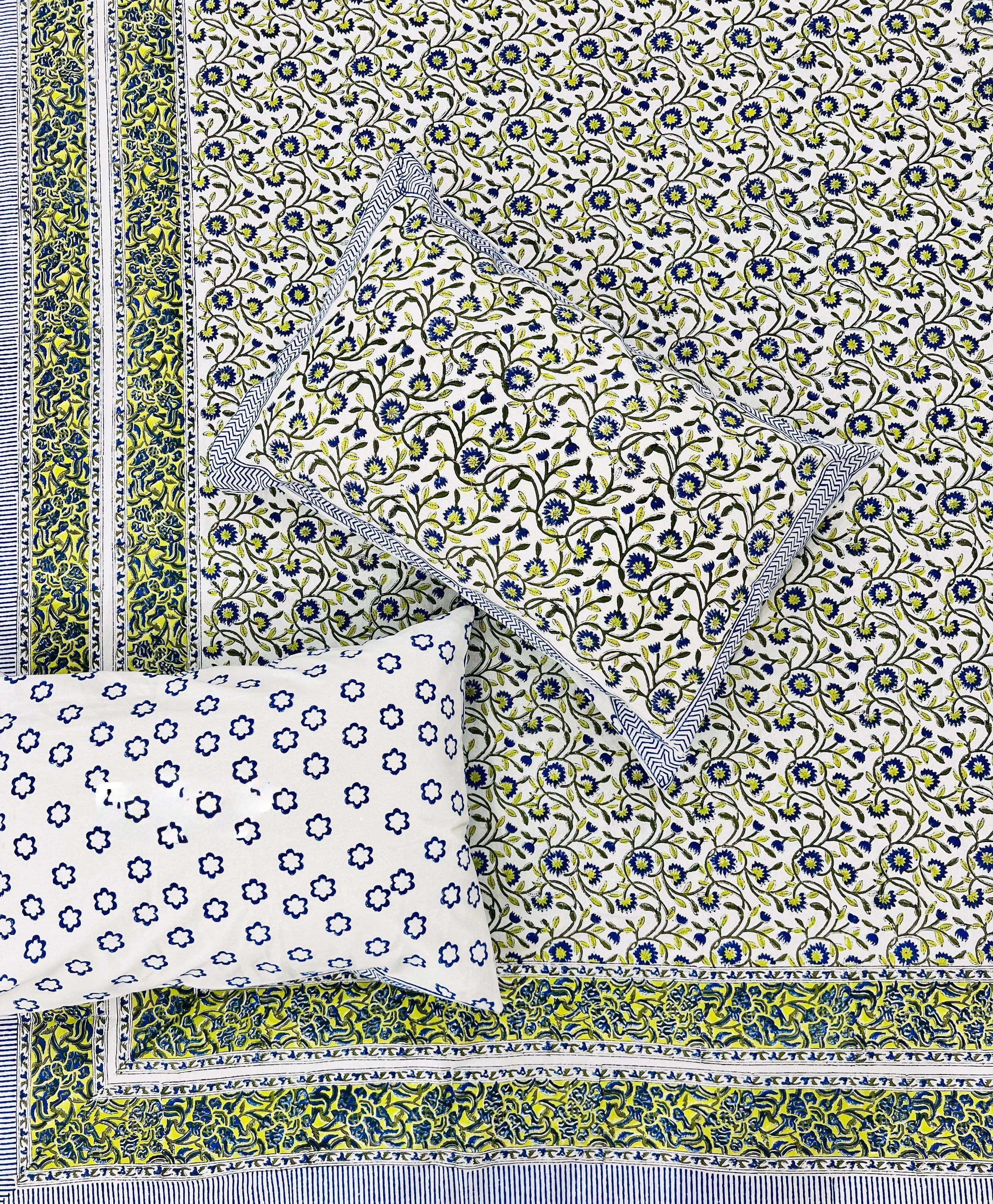 Pure cotton handblock printed king size bedsheet with 2 pillow covers (100x108 inches)