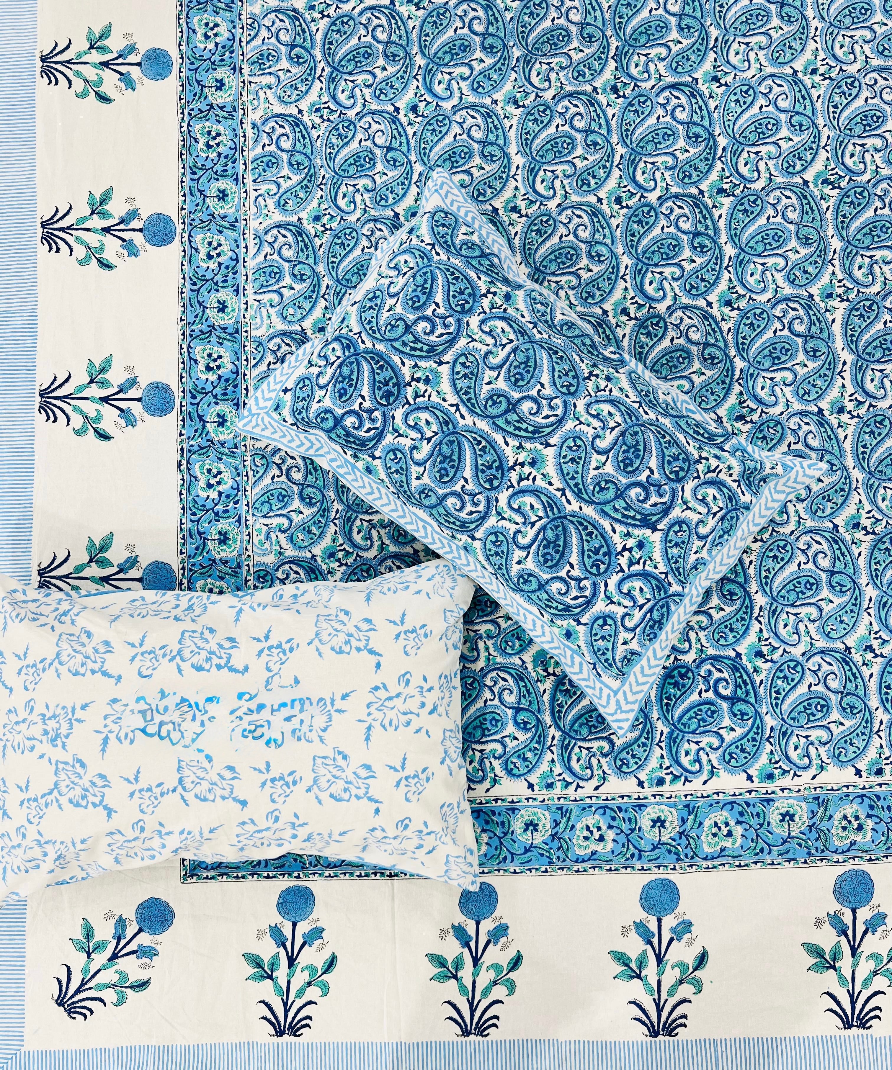 Pure cotton handblock printed king size bedsheet with 2 pillow covers (100x108 inches)