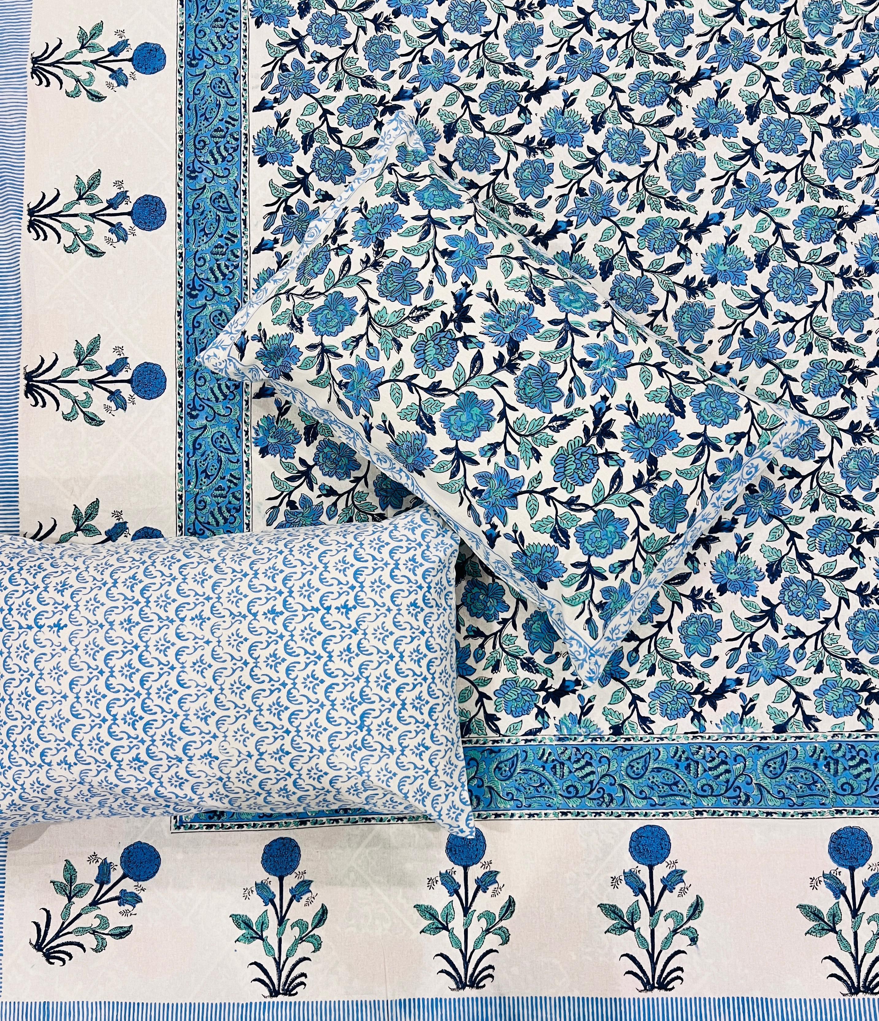 Pure cotton handblock printed king size bedsheet with 2 pillow covers (100x108 inches)