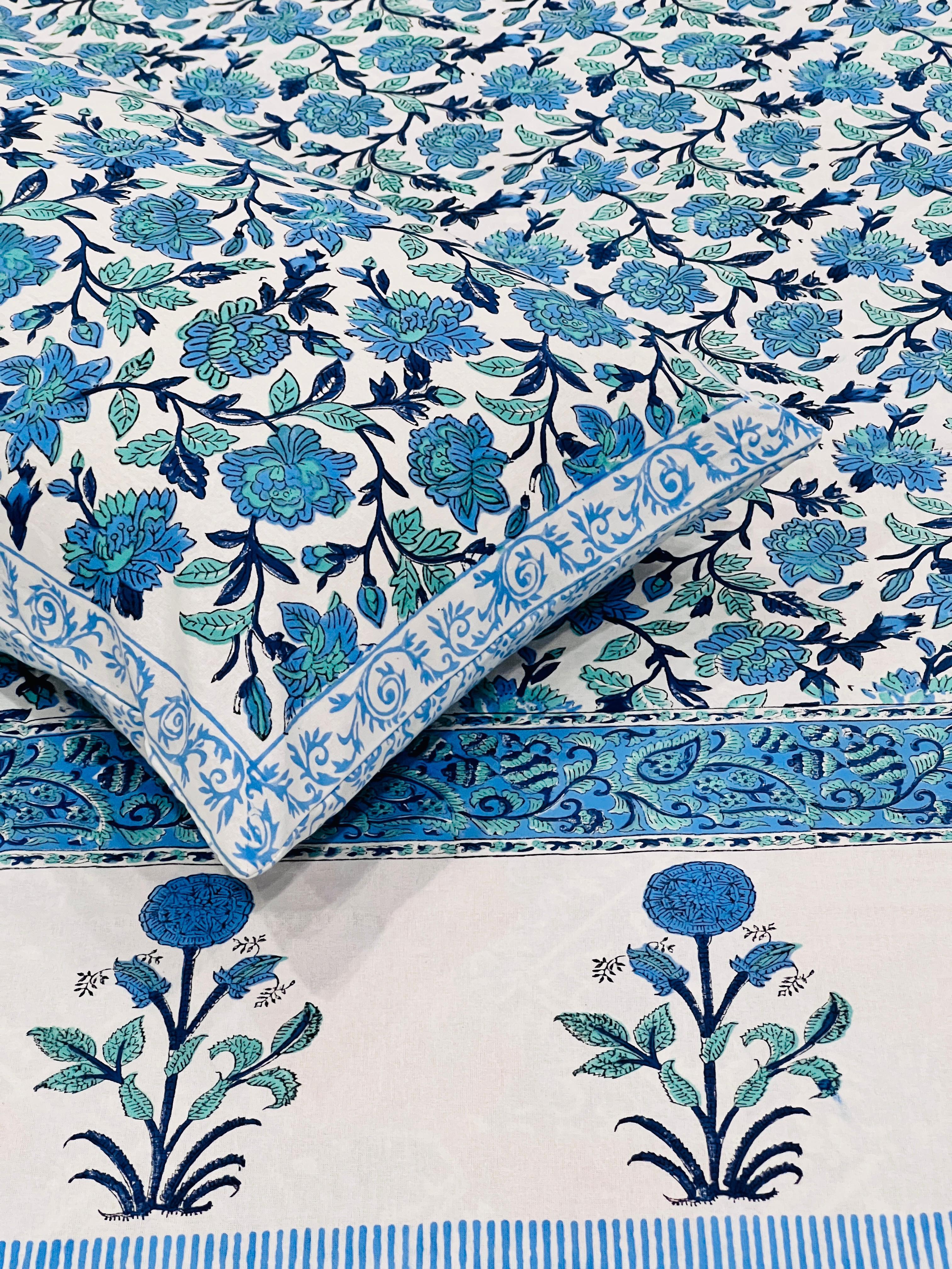 Pure cotton handblock printed king size bedsheet with 2 pillow covers (100x108 inches)