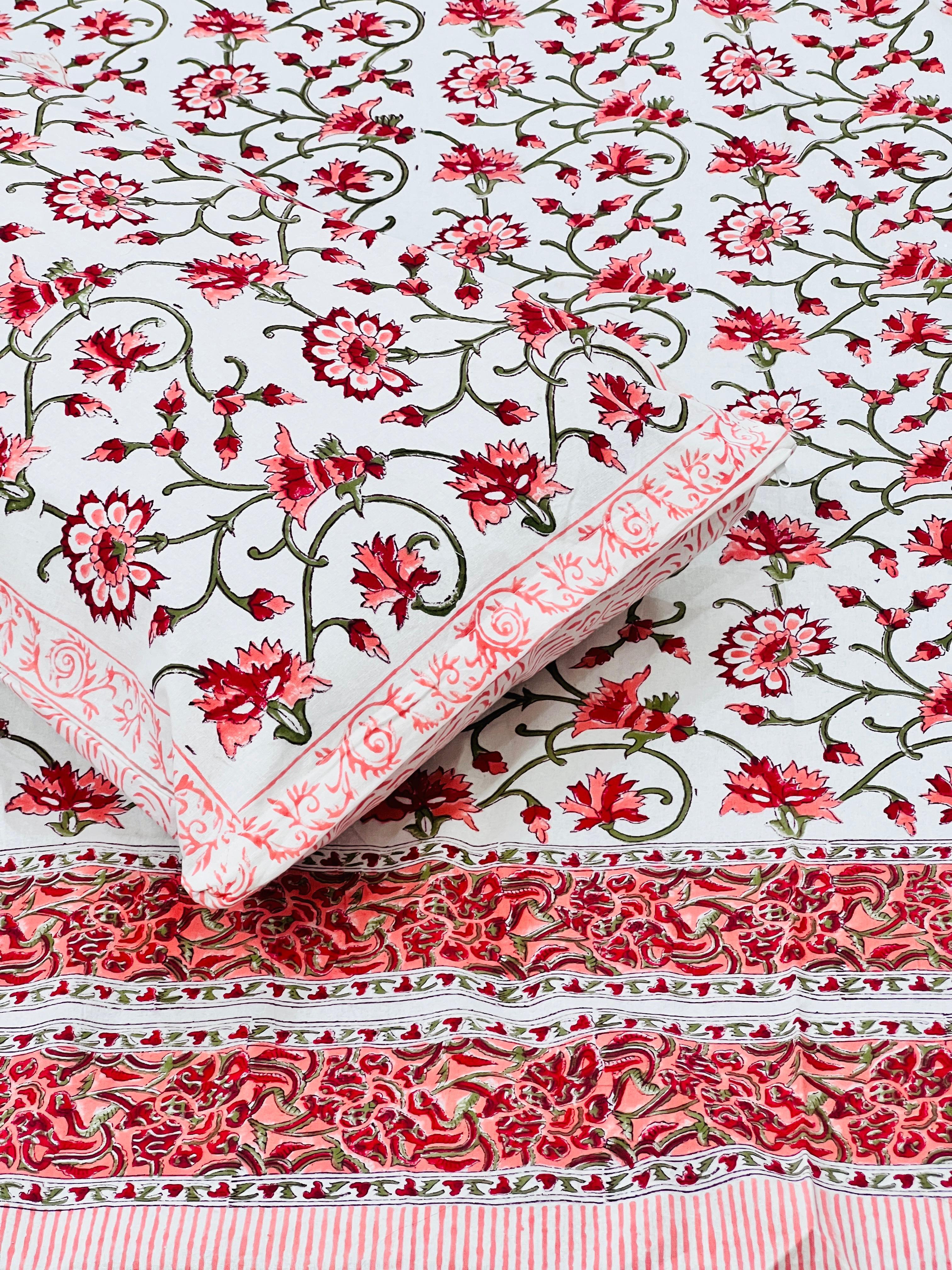 Pure cotton handblock printed king size bedsheet with 2 pillow covers (100x108 inches)