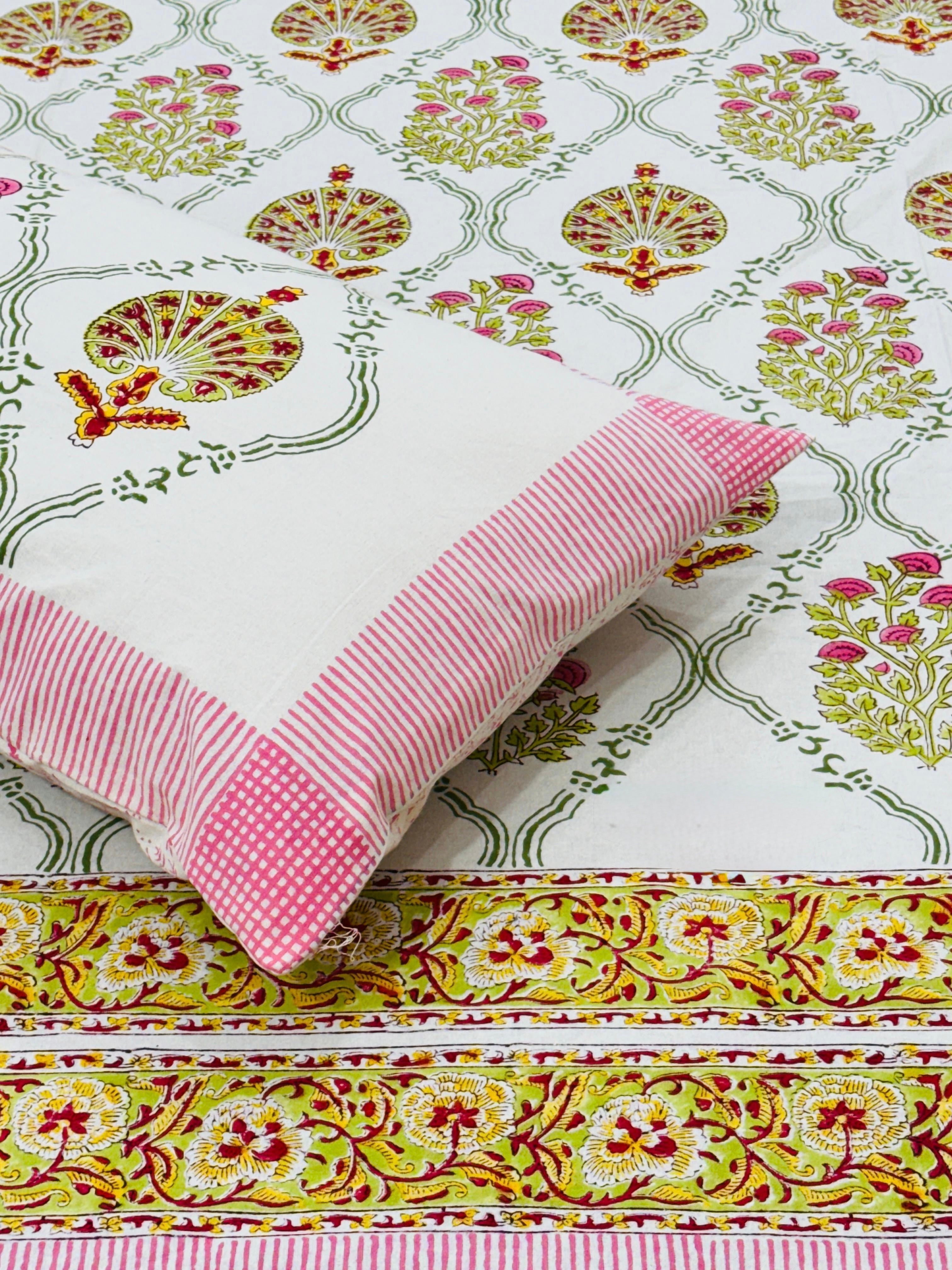 Pure cotton handblock printed king size bedsheet with 2 pillow covers (100x108 inches)