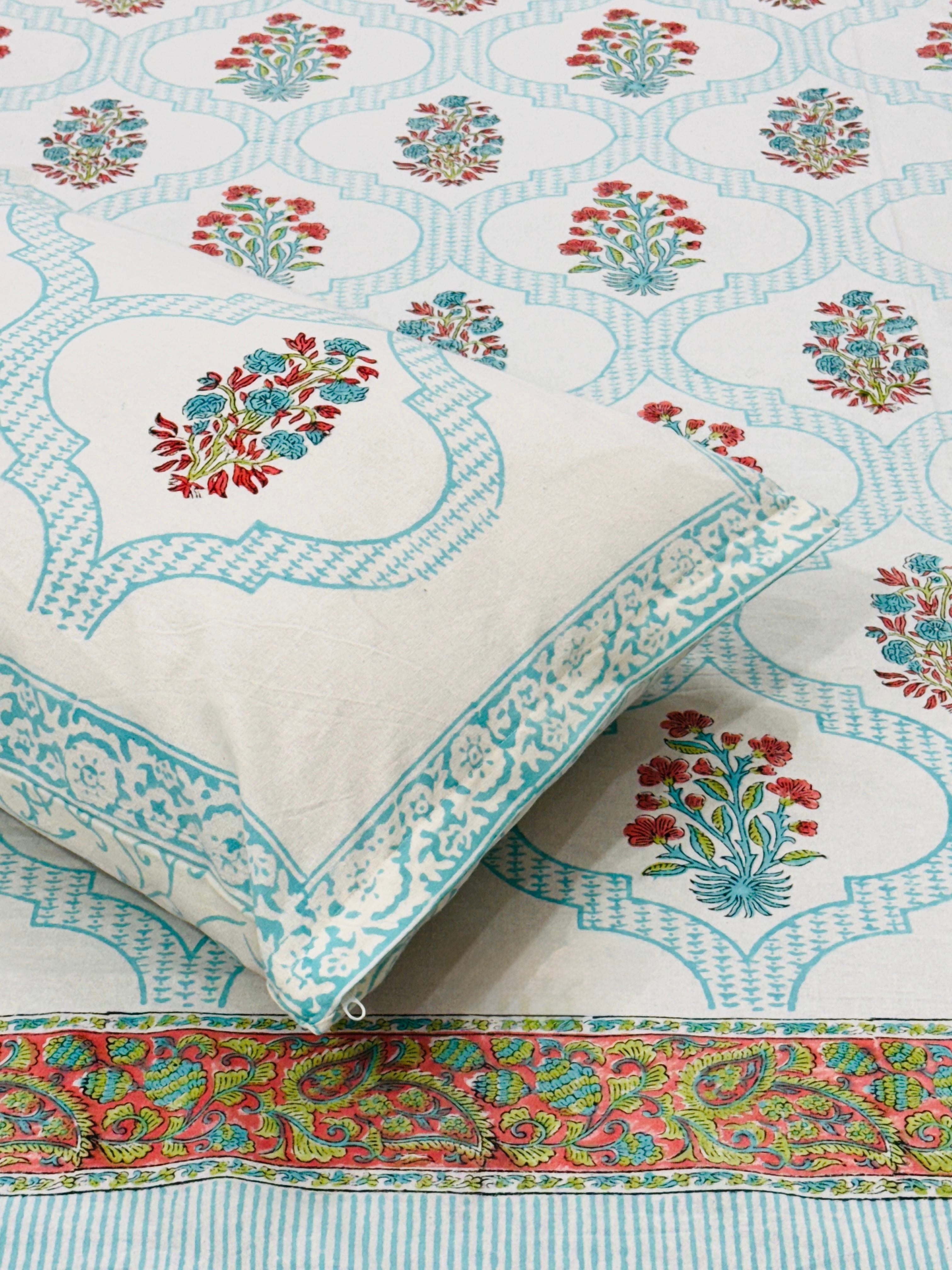 Pure cotton handblock printed king size bedsheet with 2 pillow covers (100x108 inches)