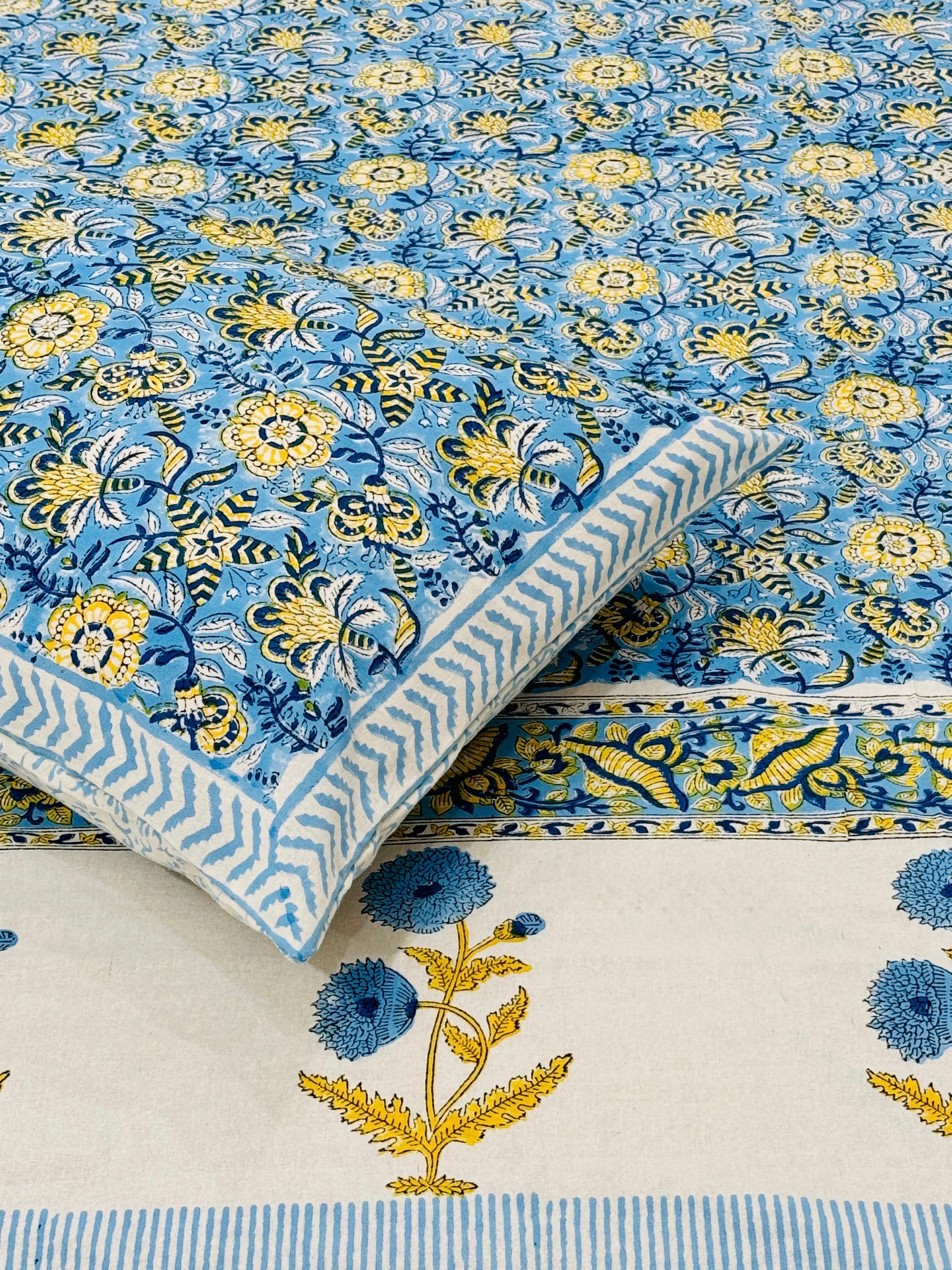 King size handblock printed bedsheets with 2 pillow covers (100x108 inches)