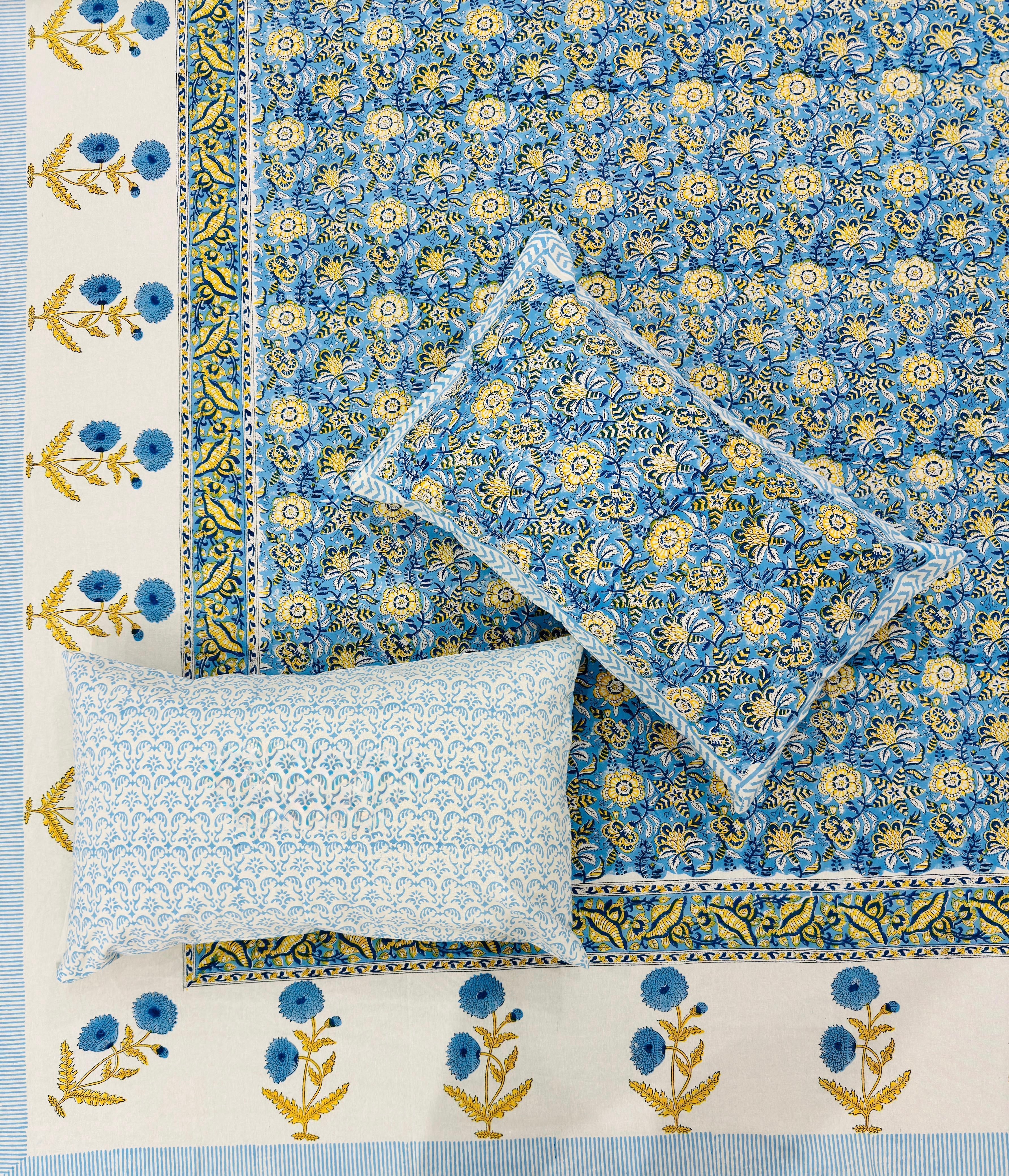 Pure cotton handblock printed king size bedsheet with 2 pillow covers (100x108 inches)