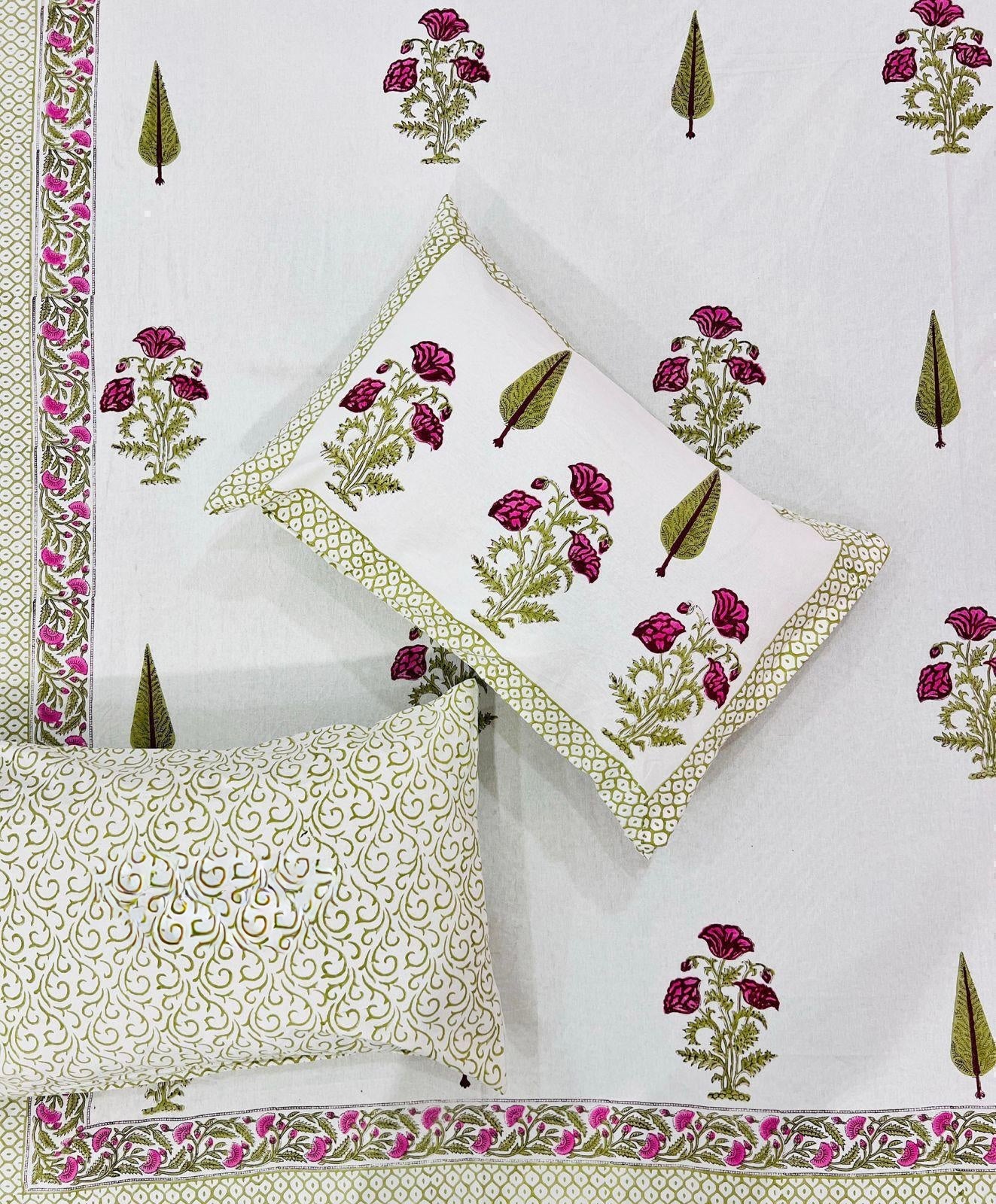 Pure cotton handblock printed king size bedsheet with 2 pillow covers (100x108 inches)
