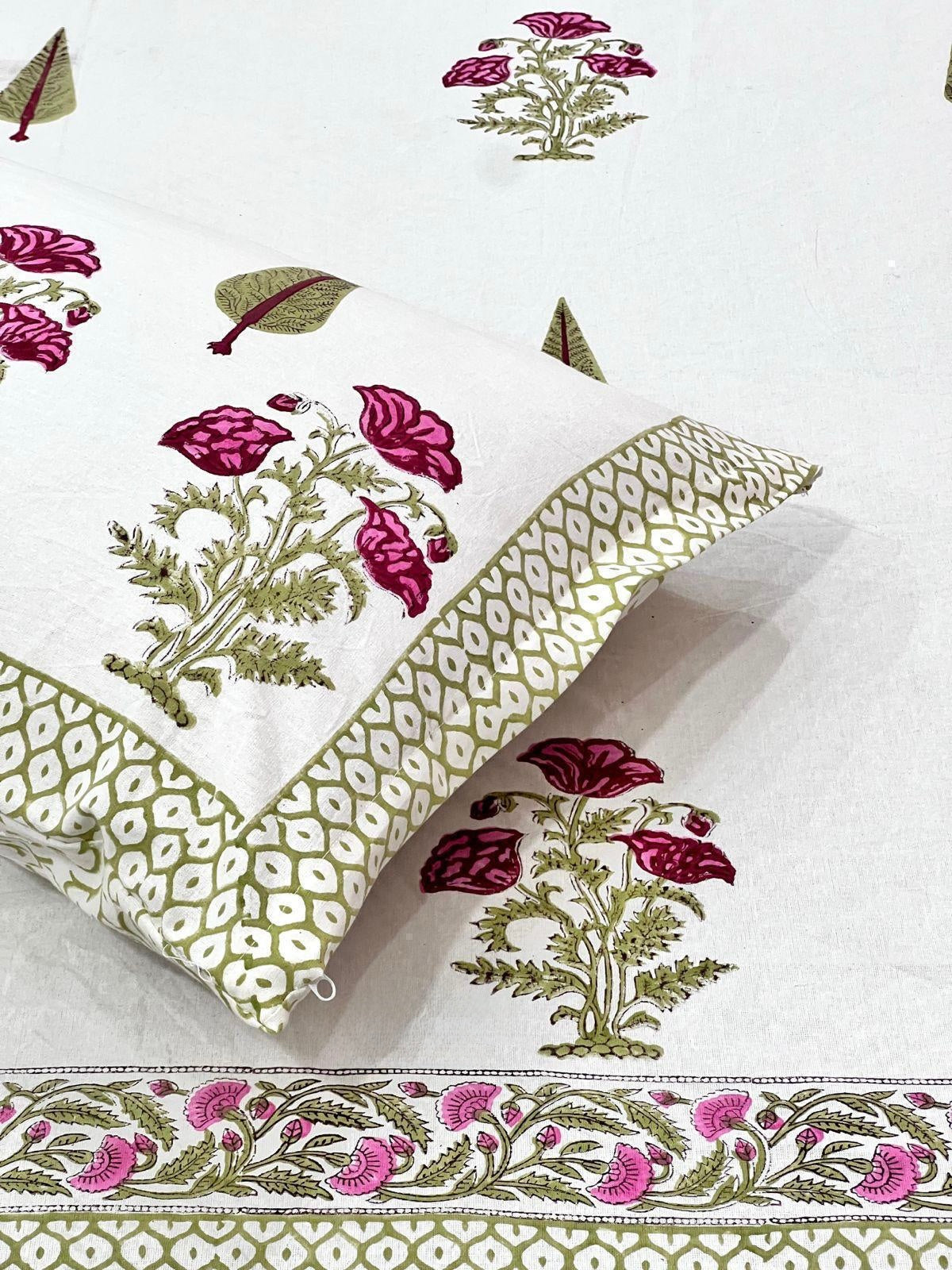 Pure cotton handblock printed king size bedsheet with 2 pillow covers (100x108 inches)