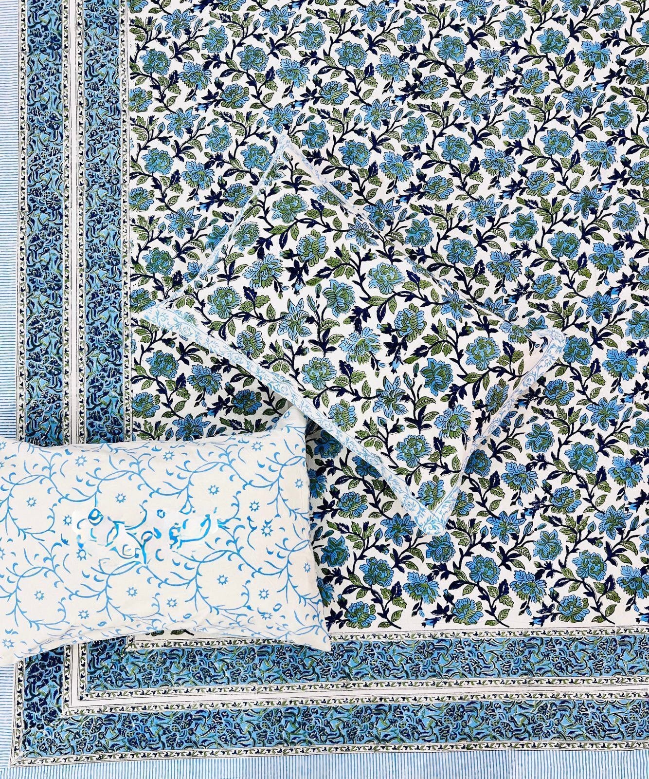 Pure cotton handblock printed king size bedsheet with 2 pillow covers (100x108 inches)