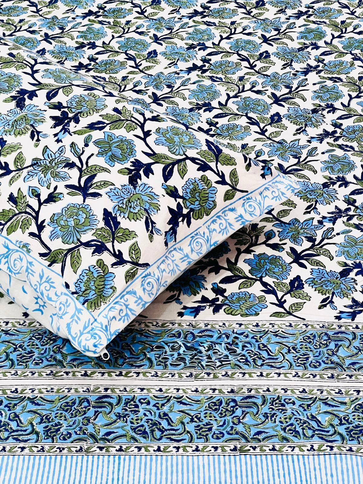 Pure cotton handblock printed king size bedsheet with 2 pillow covers (100x108 inches)