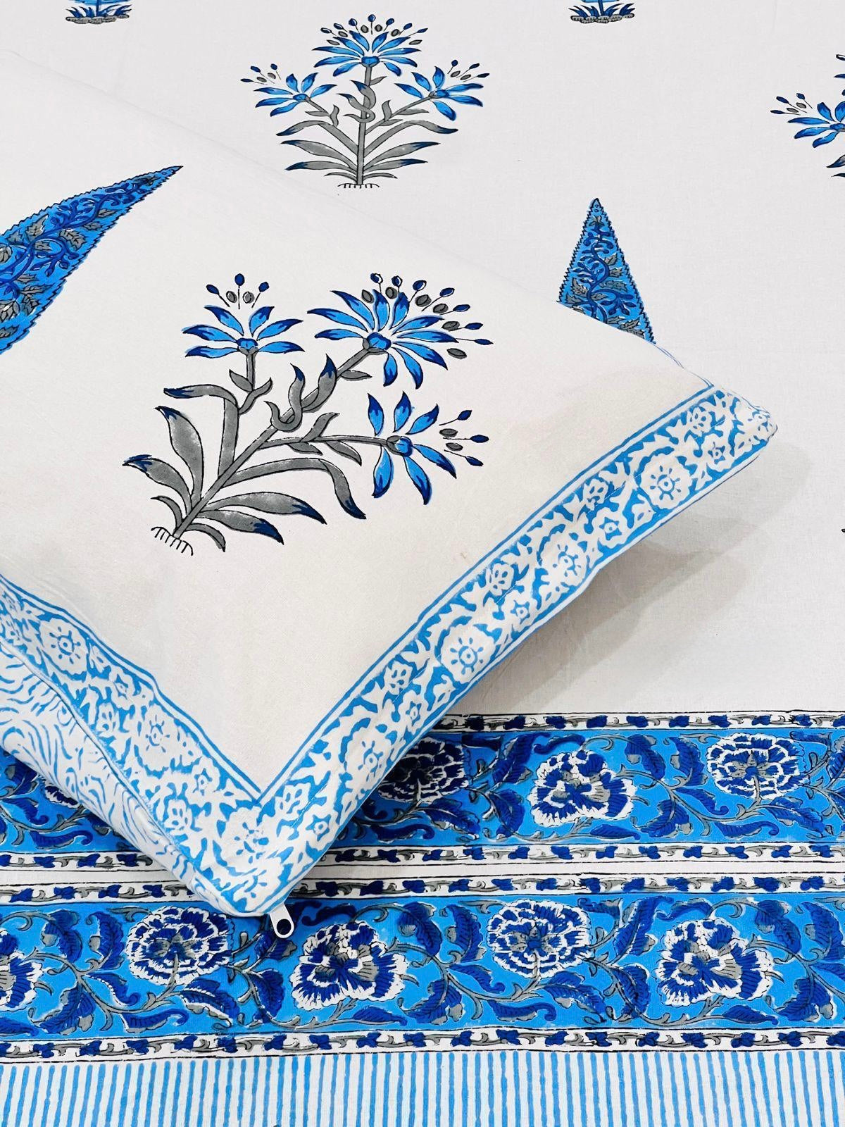 Pure cotton handblock printed king size bedsheet with 2 pillow covers (100x108 inches)