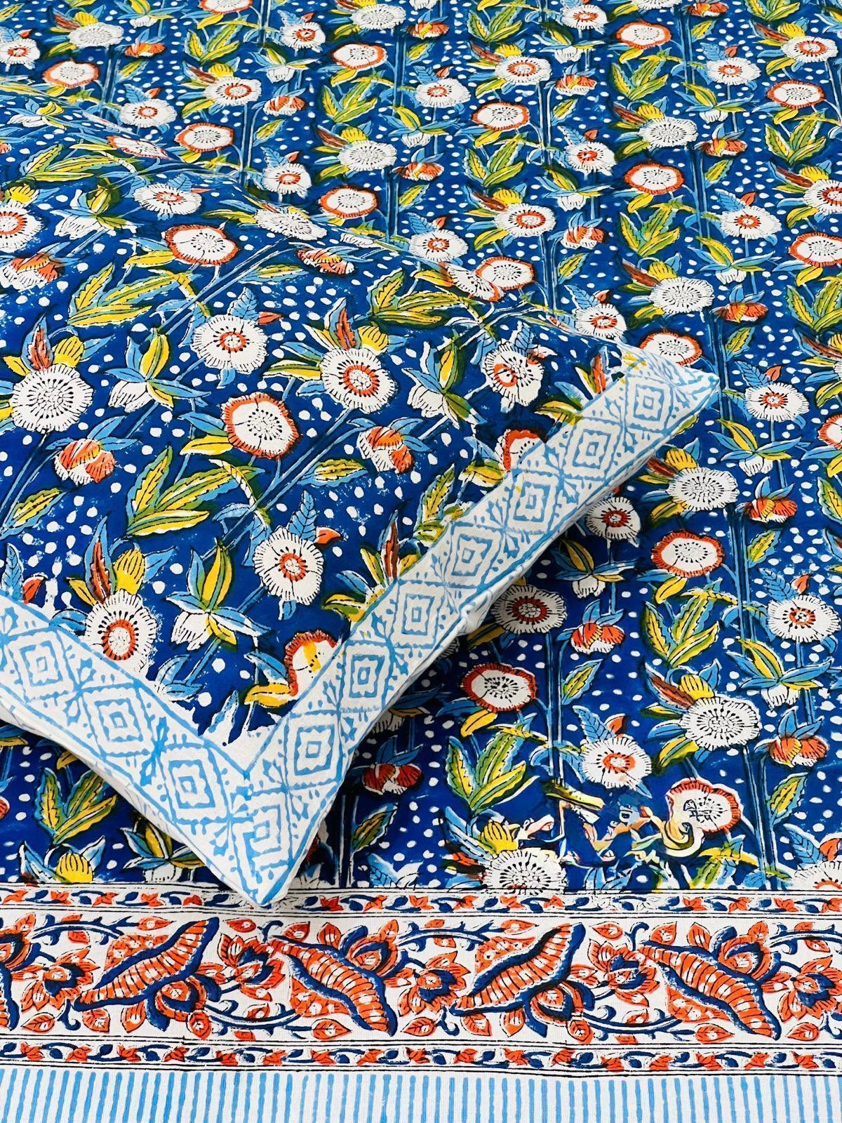 Pure cotton handblock printed king size bedsheet with 2 pillow covers (100x108 inches)