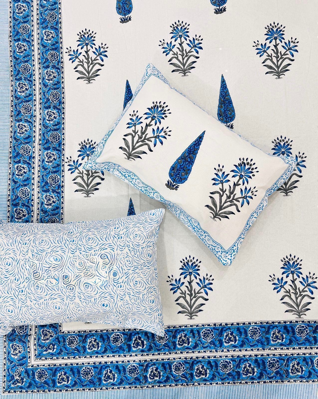 Pure cotton handblock printed king size bedsheet with 2 pillow covers (100x108 inches)