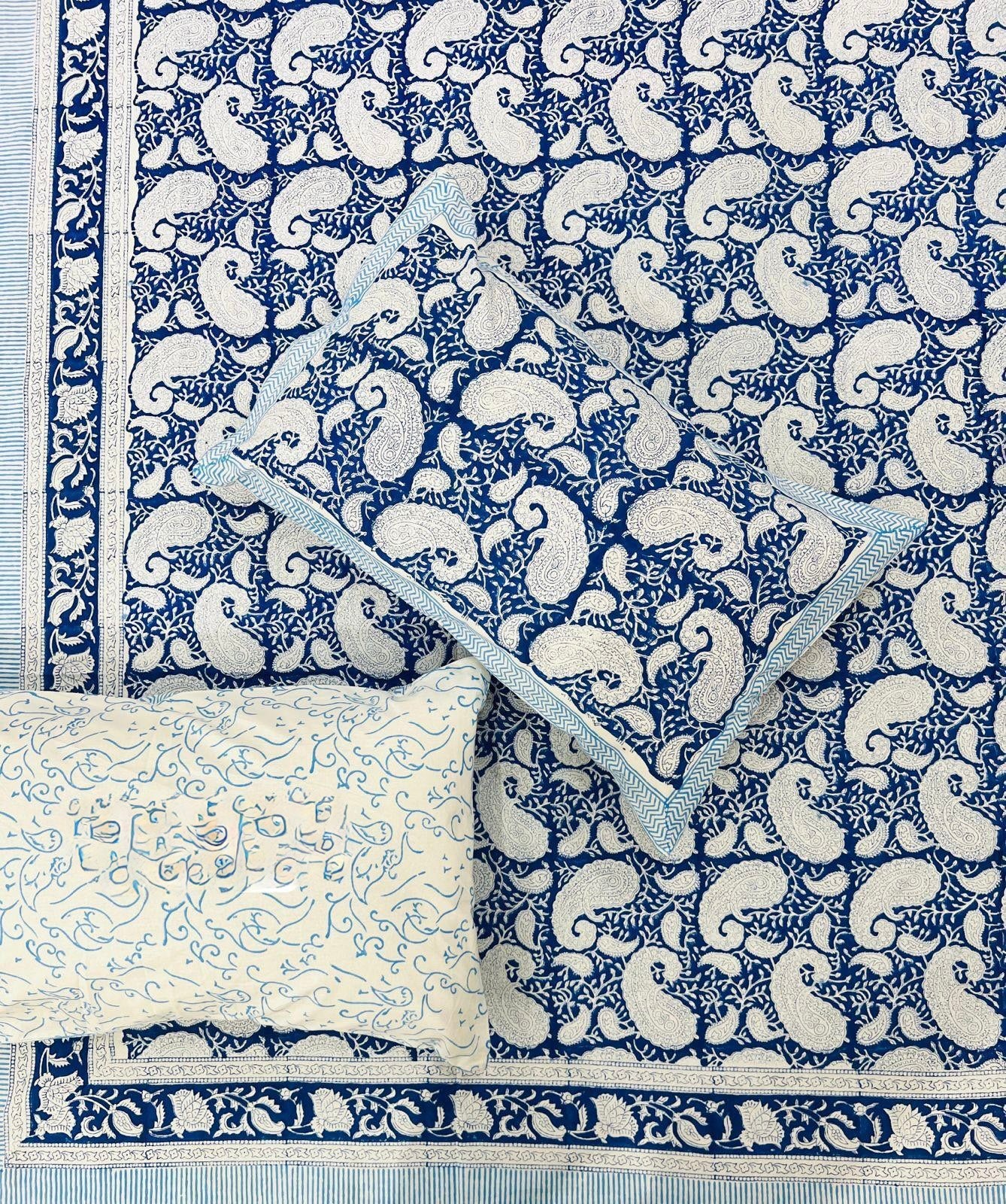 Pure cotton handblock printed king size bedsheet with 2 pillow covers (100x108 inches)