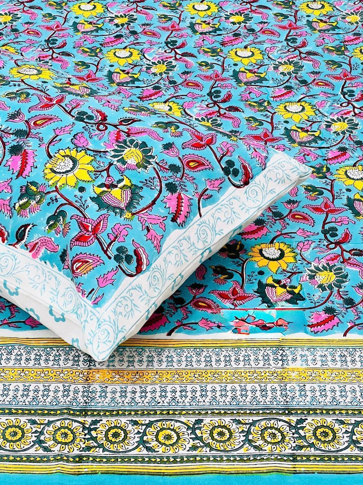 Pure cotton handblock printed king size bedsheet with 2 pillow covers (100x108 inches)