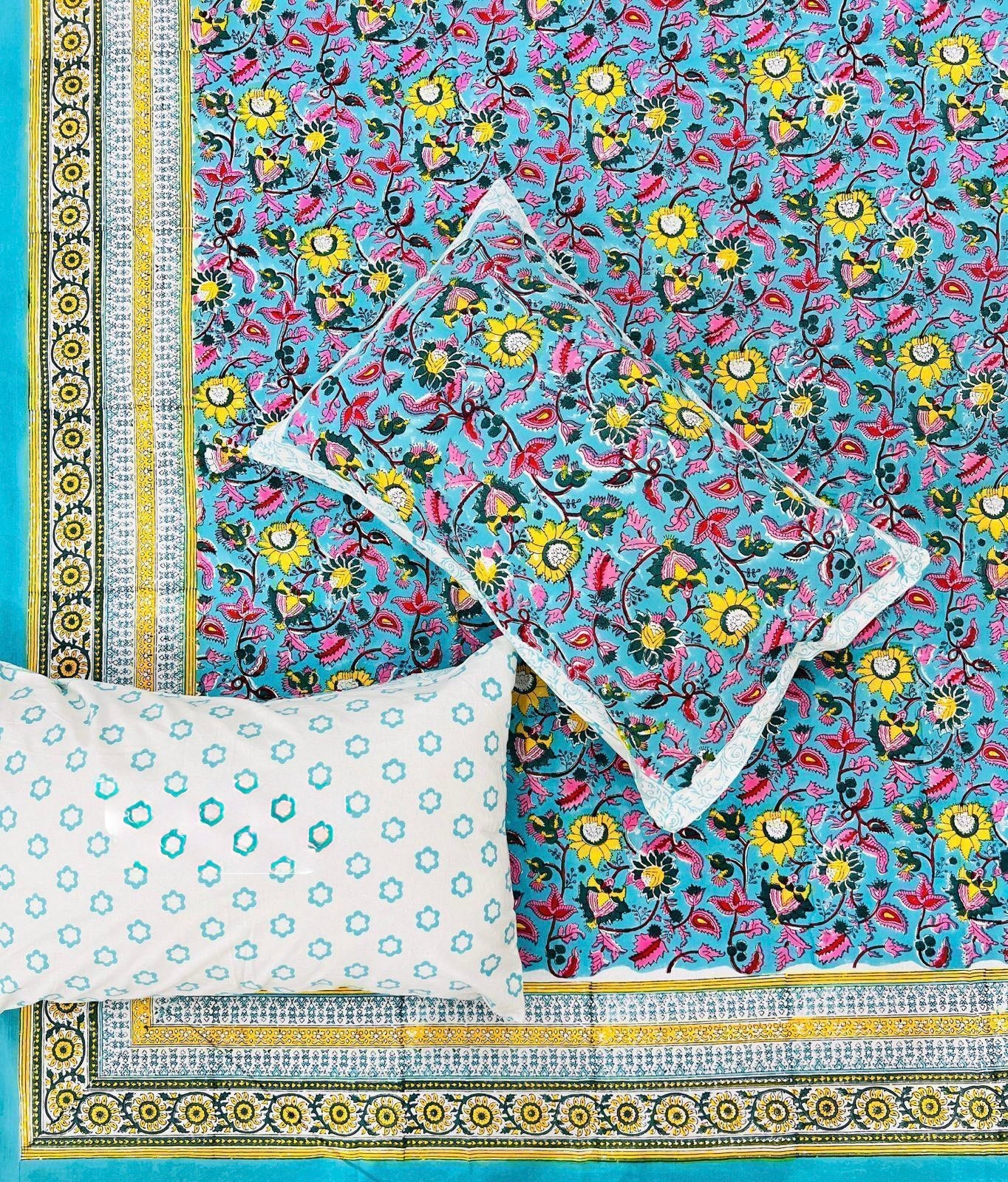 Pure cotton handblock printed king size bedsheet with 2 pillow covers (100x108 inches)