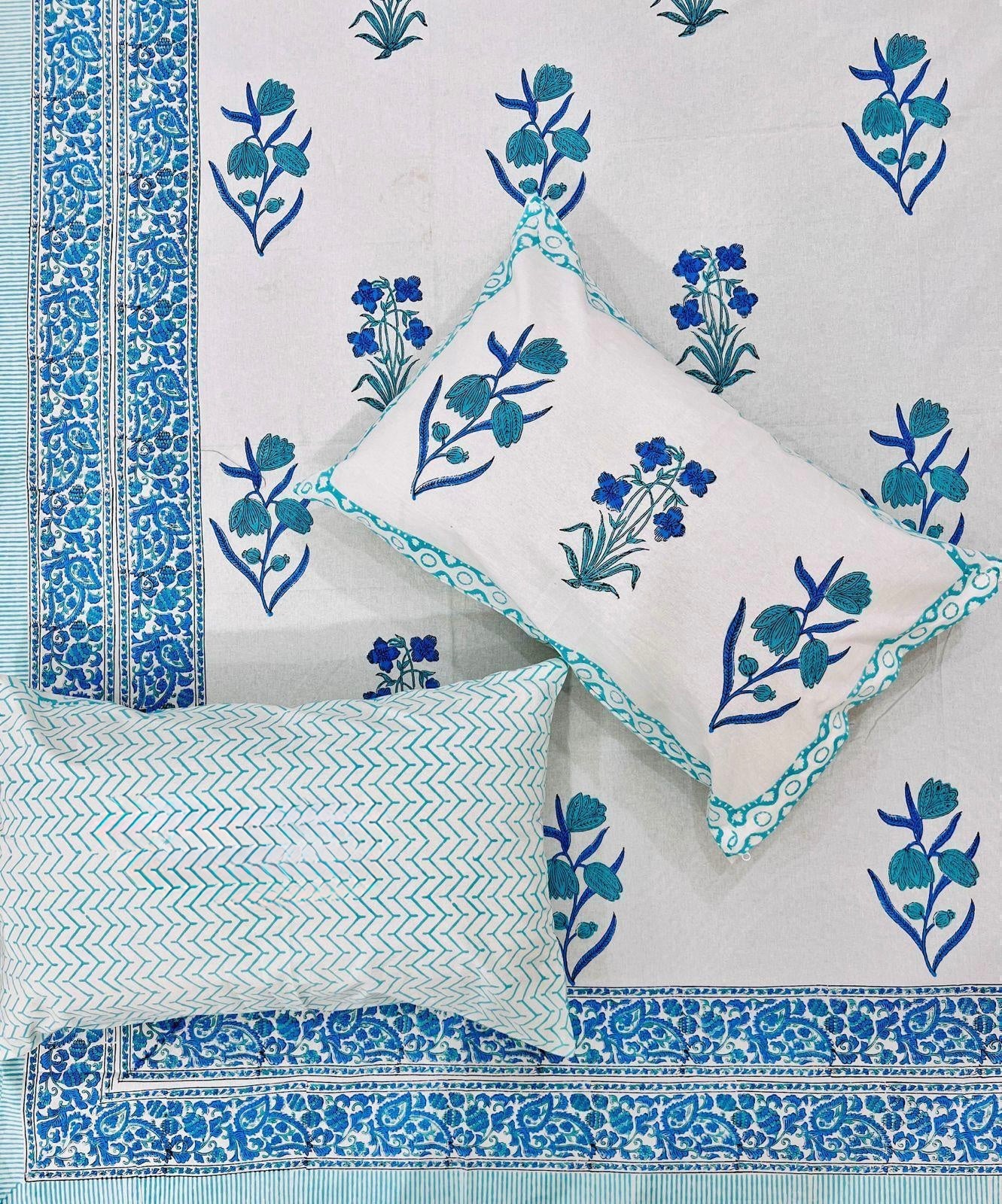 Pure cotton handblock printed king size bedsheet with 2 pillow covers (100x108 inches)