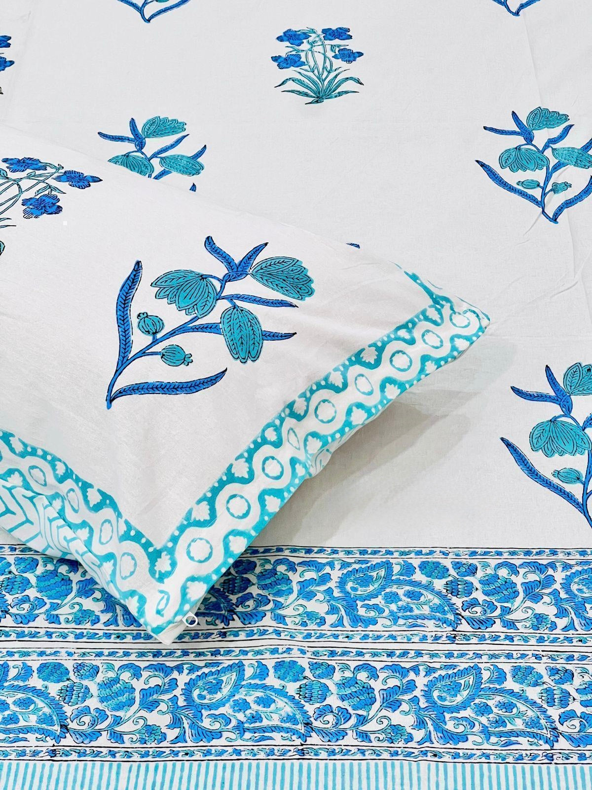 Pure cotton handblock printed king size bedsheet with 2 pillow covers (100x108 inches)