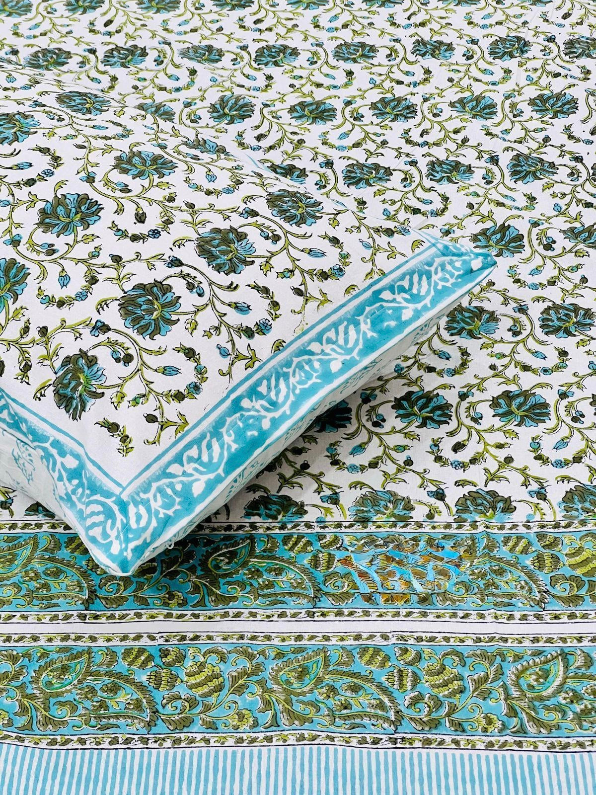 Pure cotton handblock printed king size bedsheet with 2 pillow covers (100x108 inches)