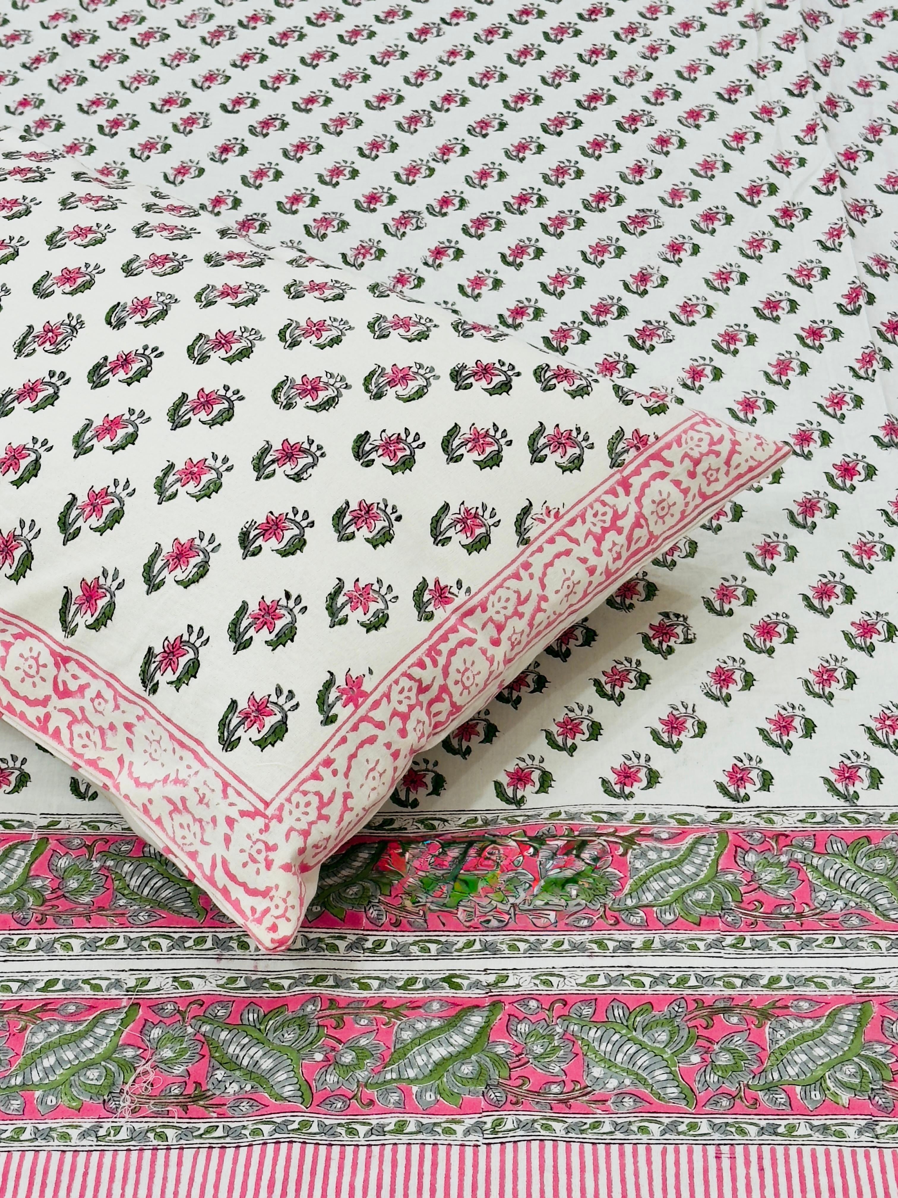 Pure cotton handblock printed king size bedsheet with 2 pillow covers (100x108 inches)