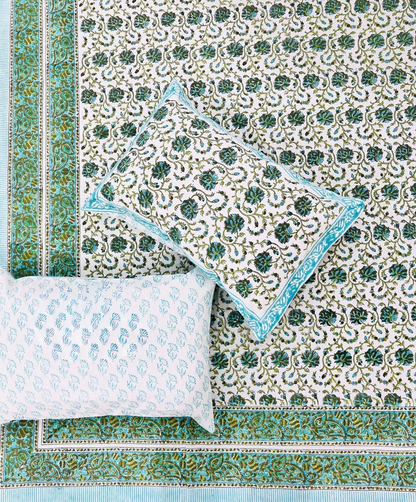 Pure cotton handblock printed king size bedsheet with 2 pillow covers (100x108 inches)