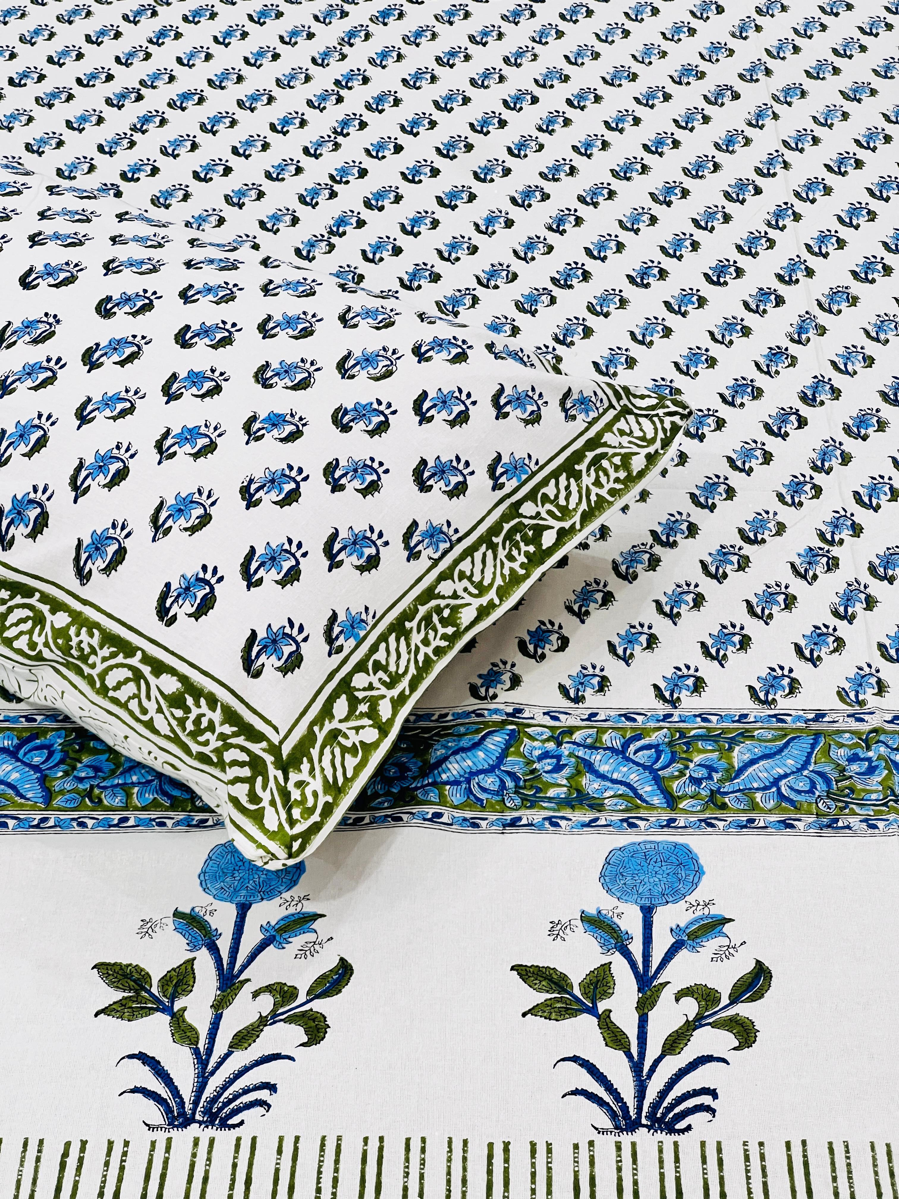 Pure cotton handblock printed king size bedsheet with 2 pillow covers (100x108 inches)