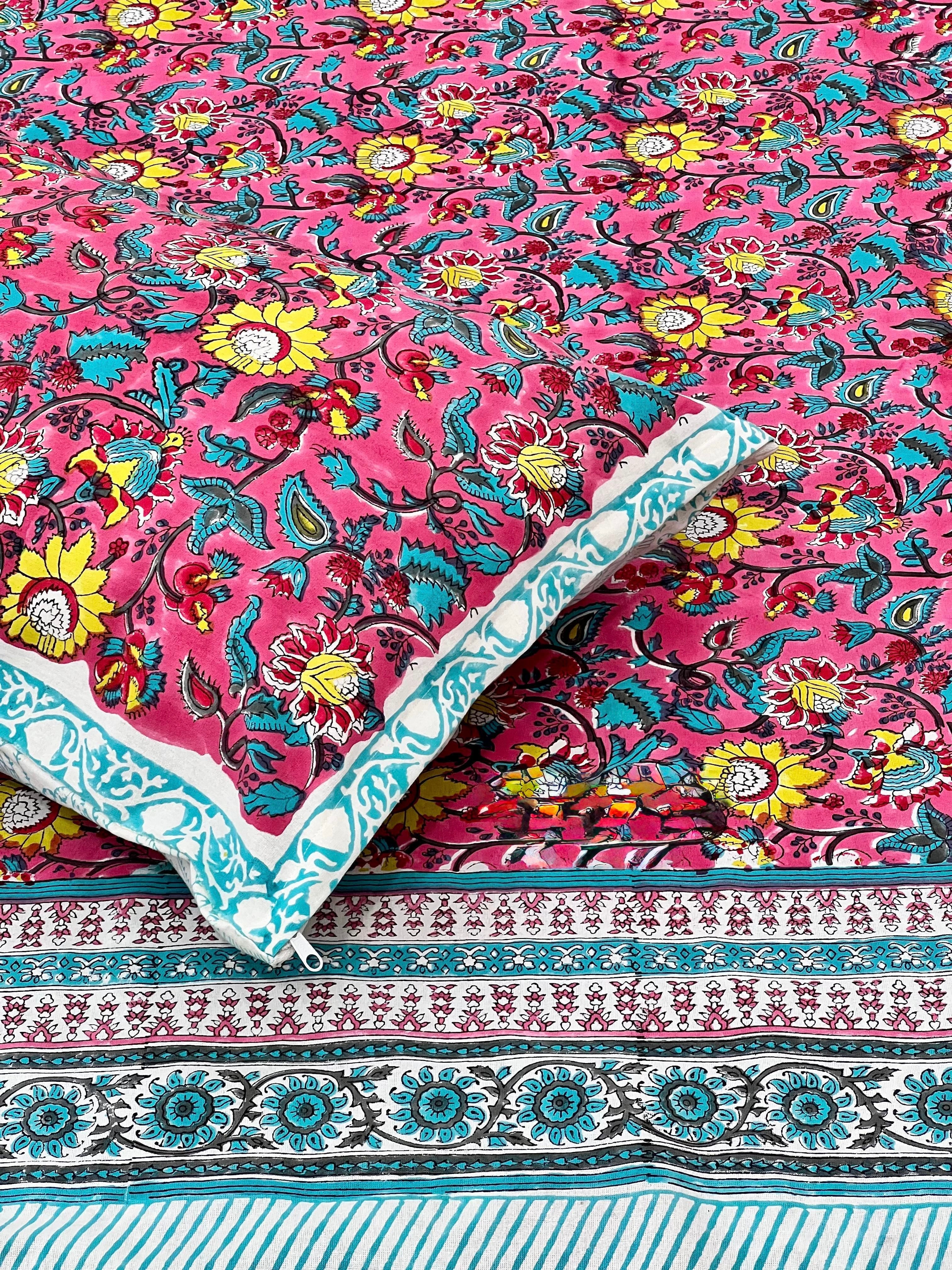 Pure cotton handblock printed king size bedsheet with 2 pillow covers (100x108 inches)