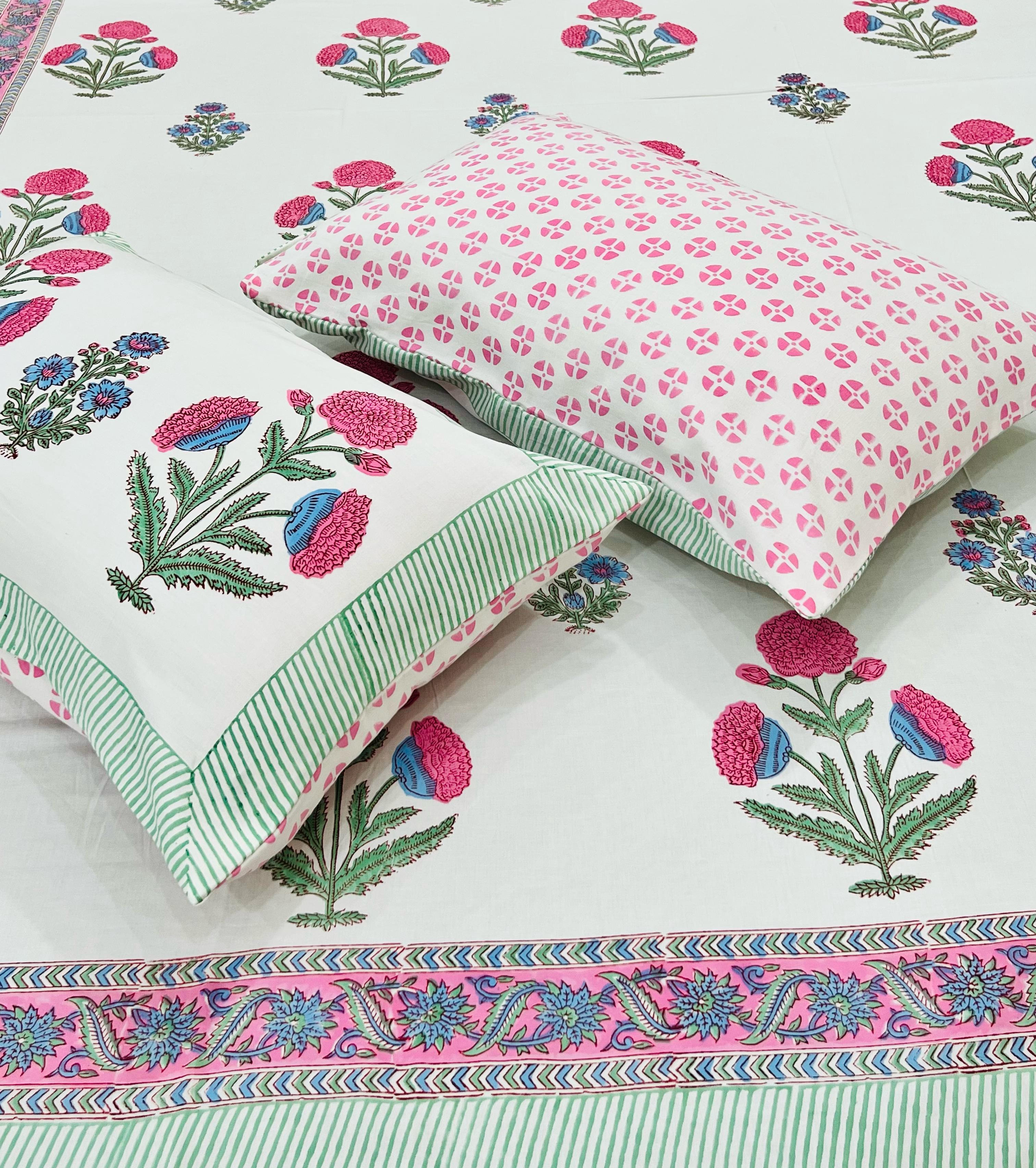 Pure cotton handblock printed king size bedsheet with 2 pillow covers (100x108 inches)