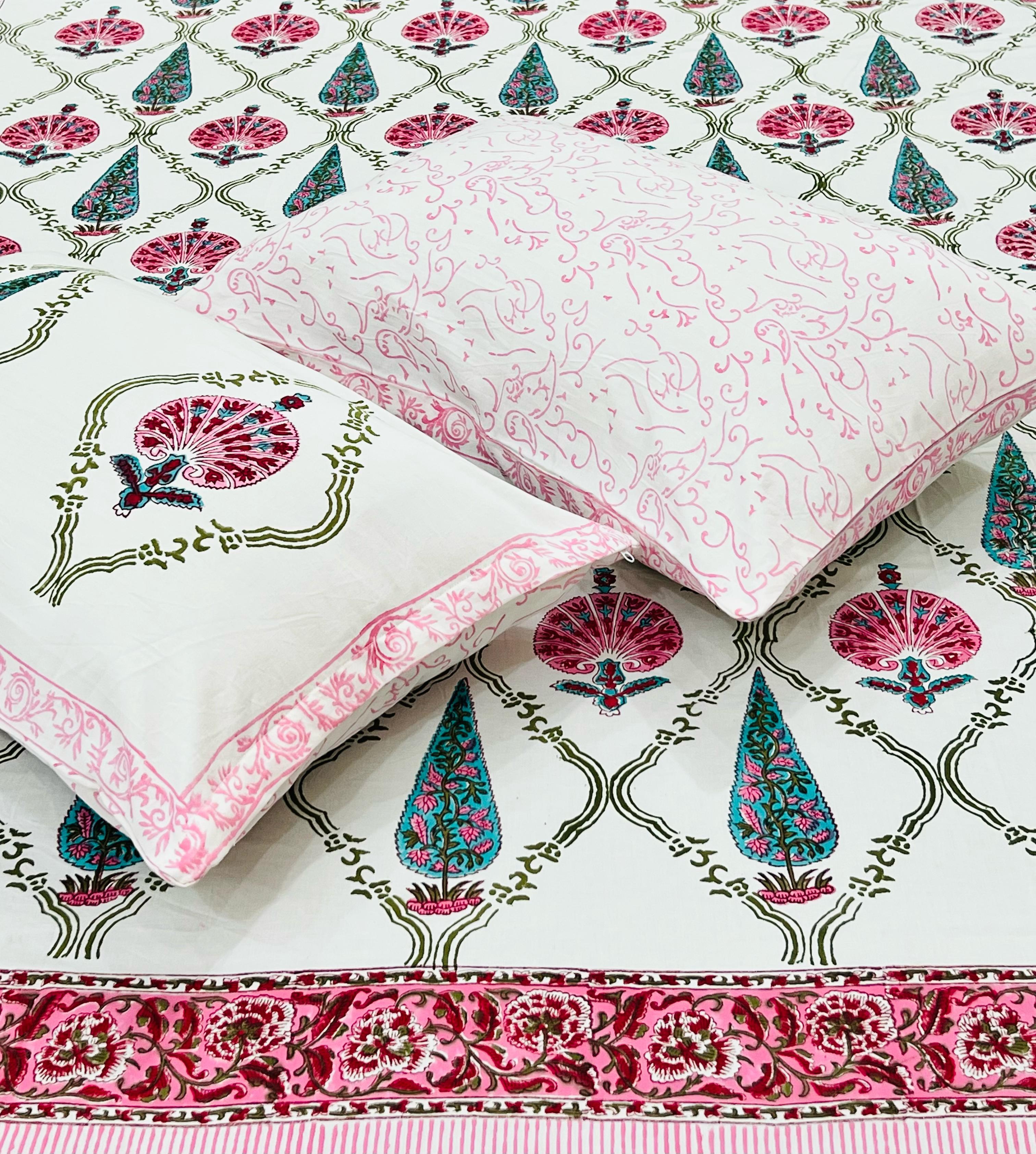Pure cotton handblock printed king size bedsheet with 2 pillow covers (100x108 inches)