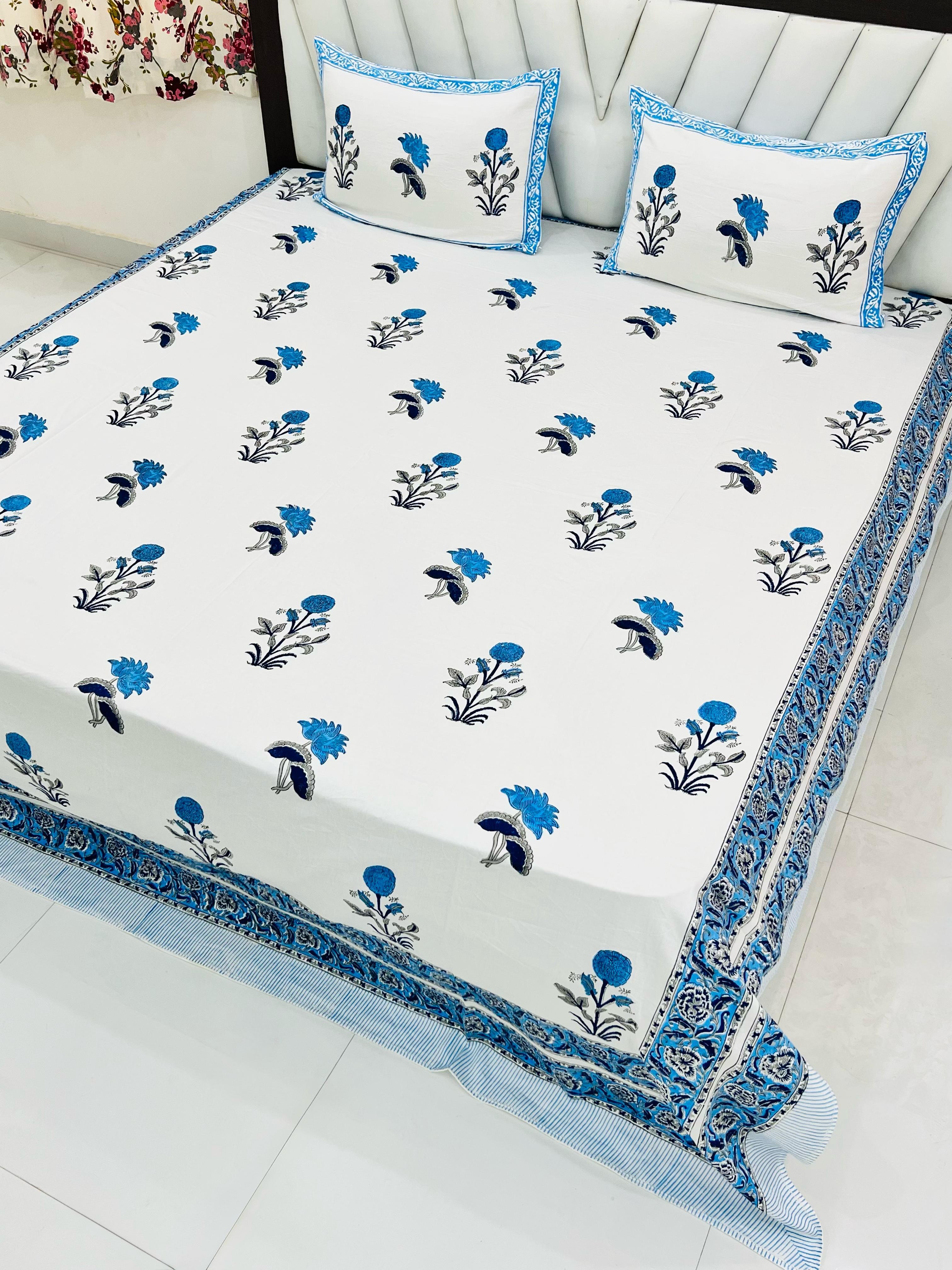 Pure cotton handblock printed king size bedsheet with 2 pillow covers (100x108 inches)