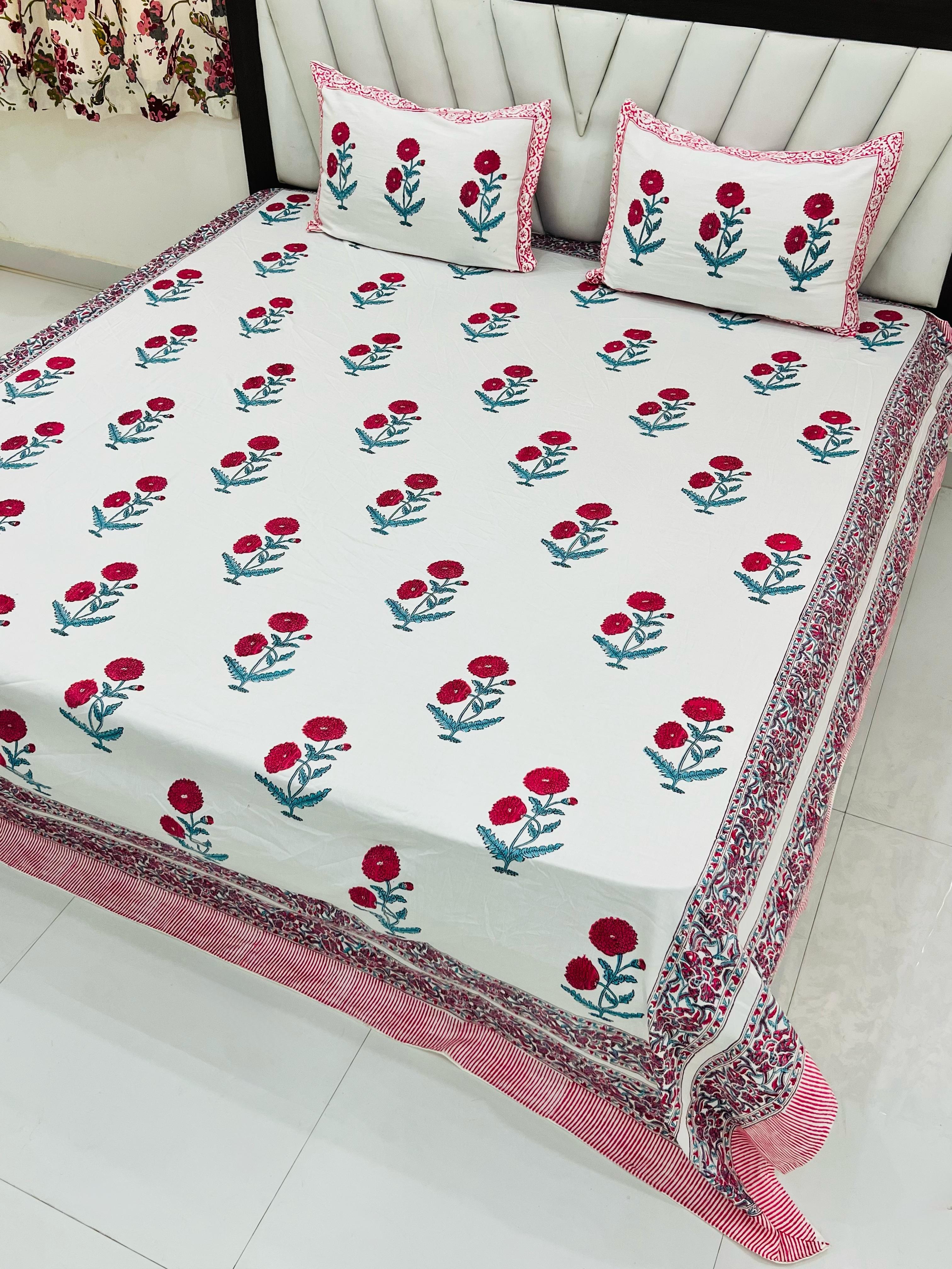 Pure cotton handblock printed king size bedsheet with 2 pillow covers (100x108 inches)