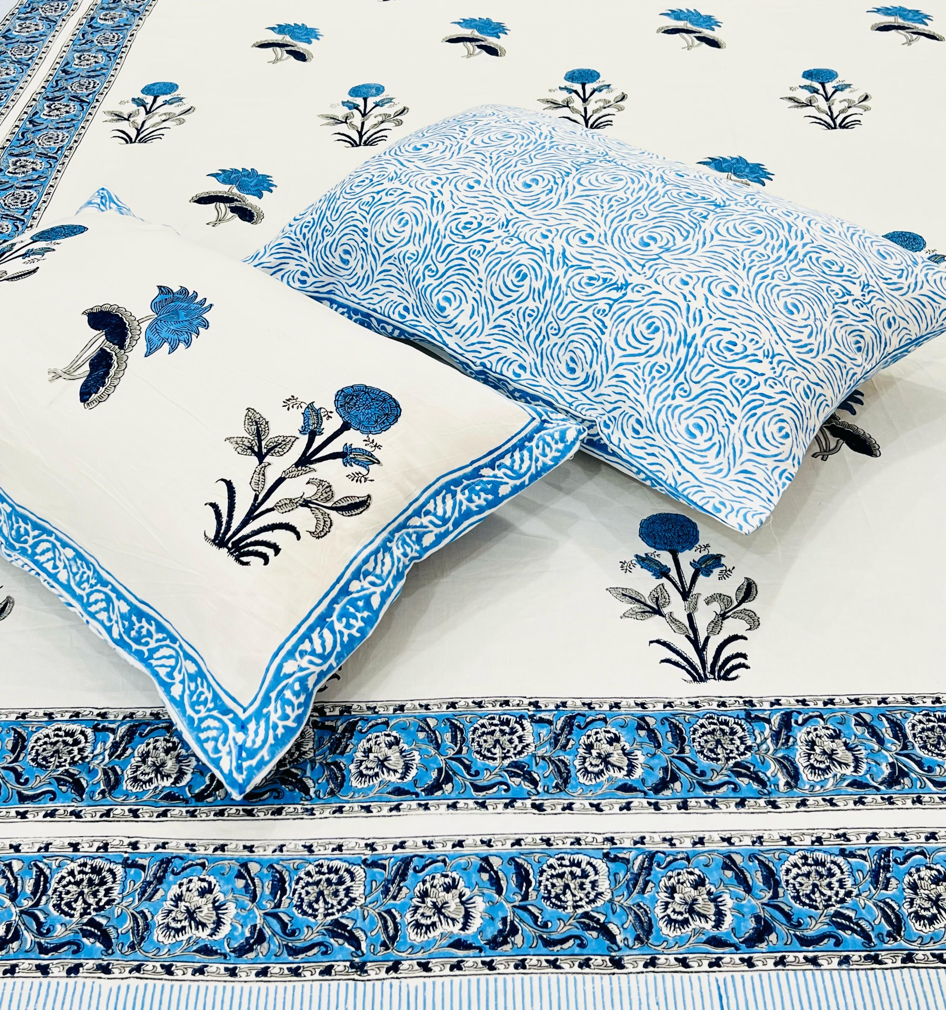 Pure cotton handblock printed king size bedsheet with 2 pillow covers (100x108 inches)