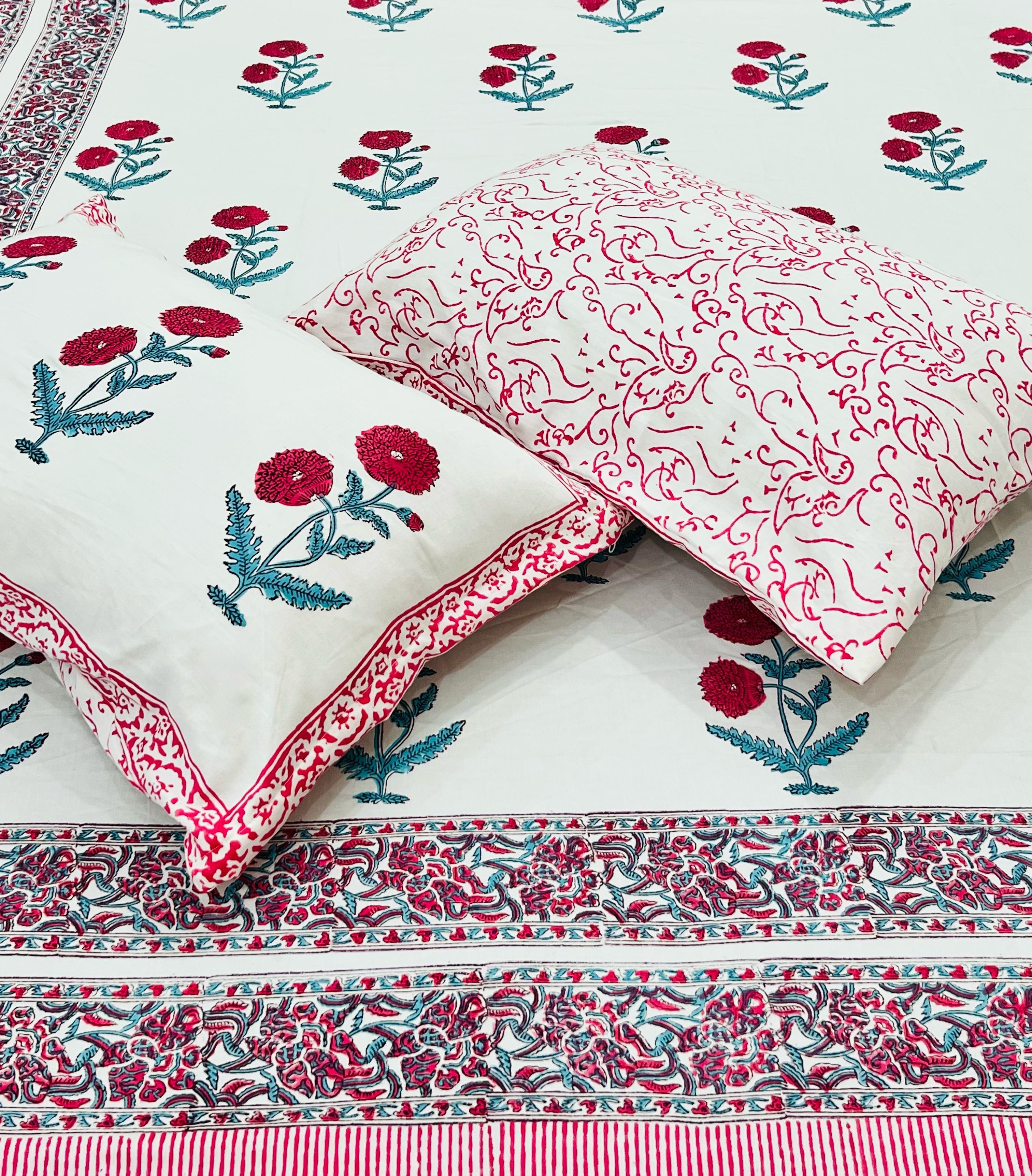 Pure cotton handblock printed king size bedsheet with 2 pillow covers (100x108 inches)