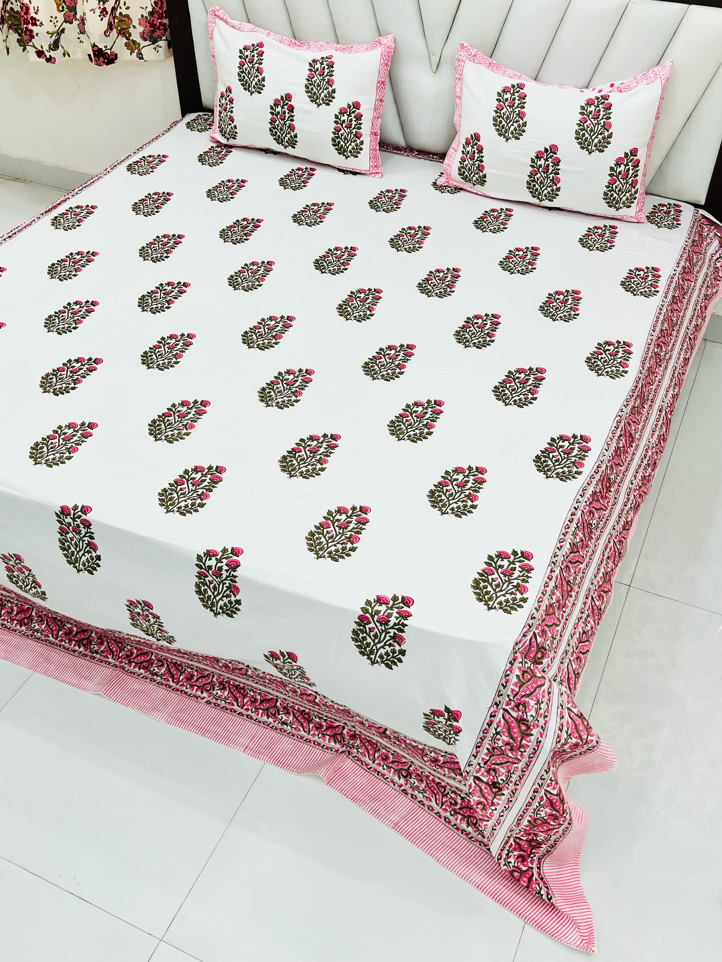 Pure cotton handblock printed king size bedsheet with 2 pillow covers (100x108 inches)