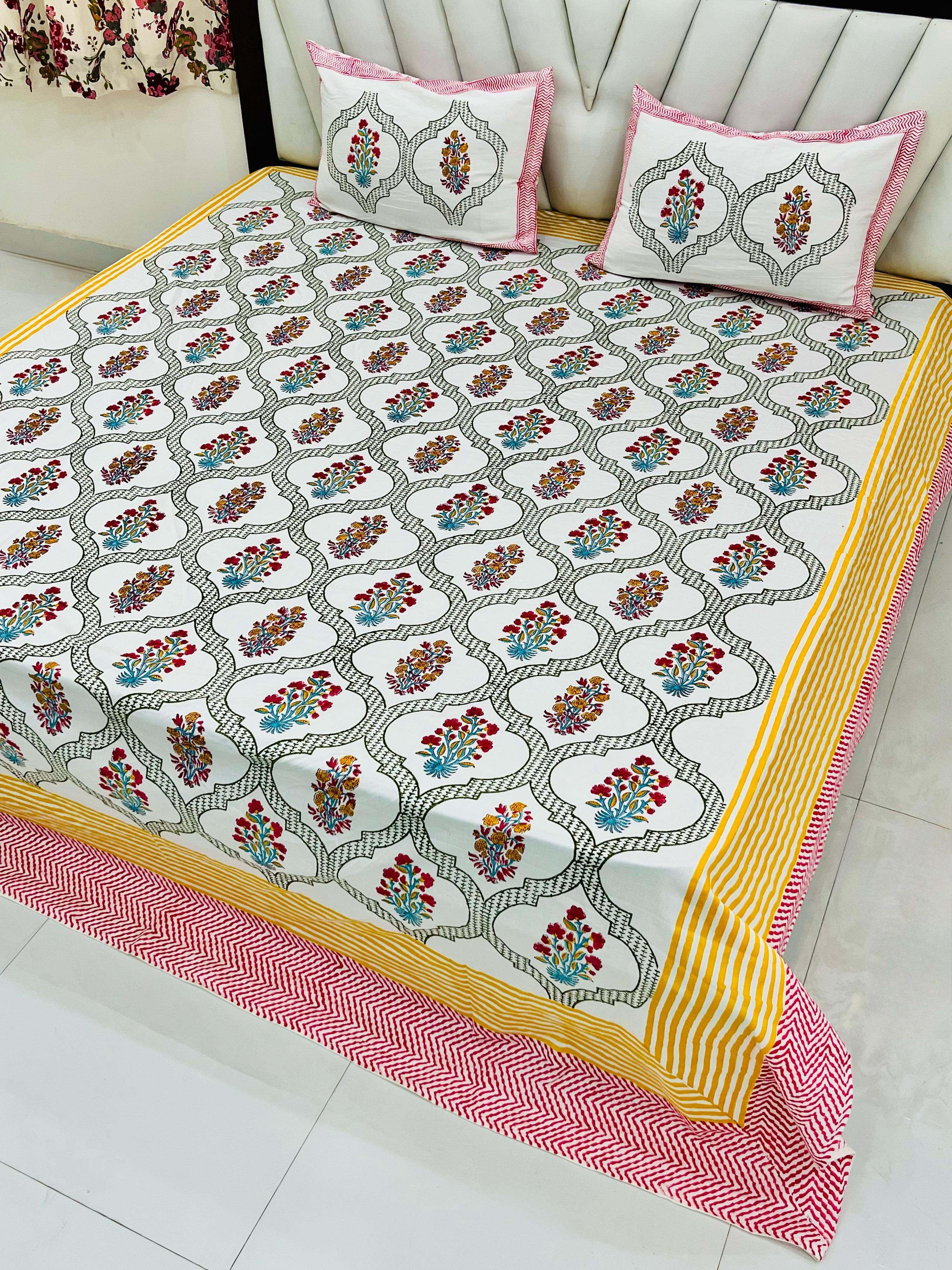 Pure cotton handblock printed king size bedsheet with 2 pillow covers (100x108 inches)